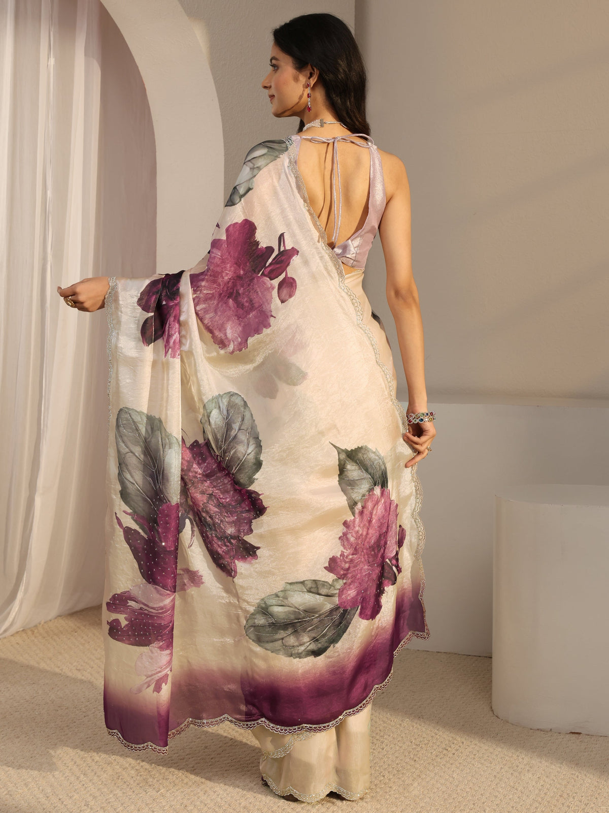 Anouk Ivory Embellished Tissue Saree With Unstiched Blouse Piece