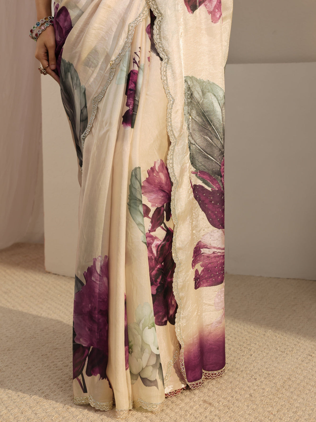 Anouk Ivory Embellished Tissue Saree With Unstiched Blouse Piece