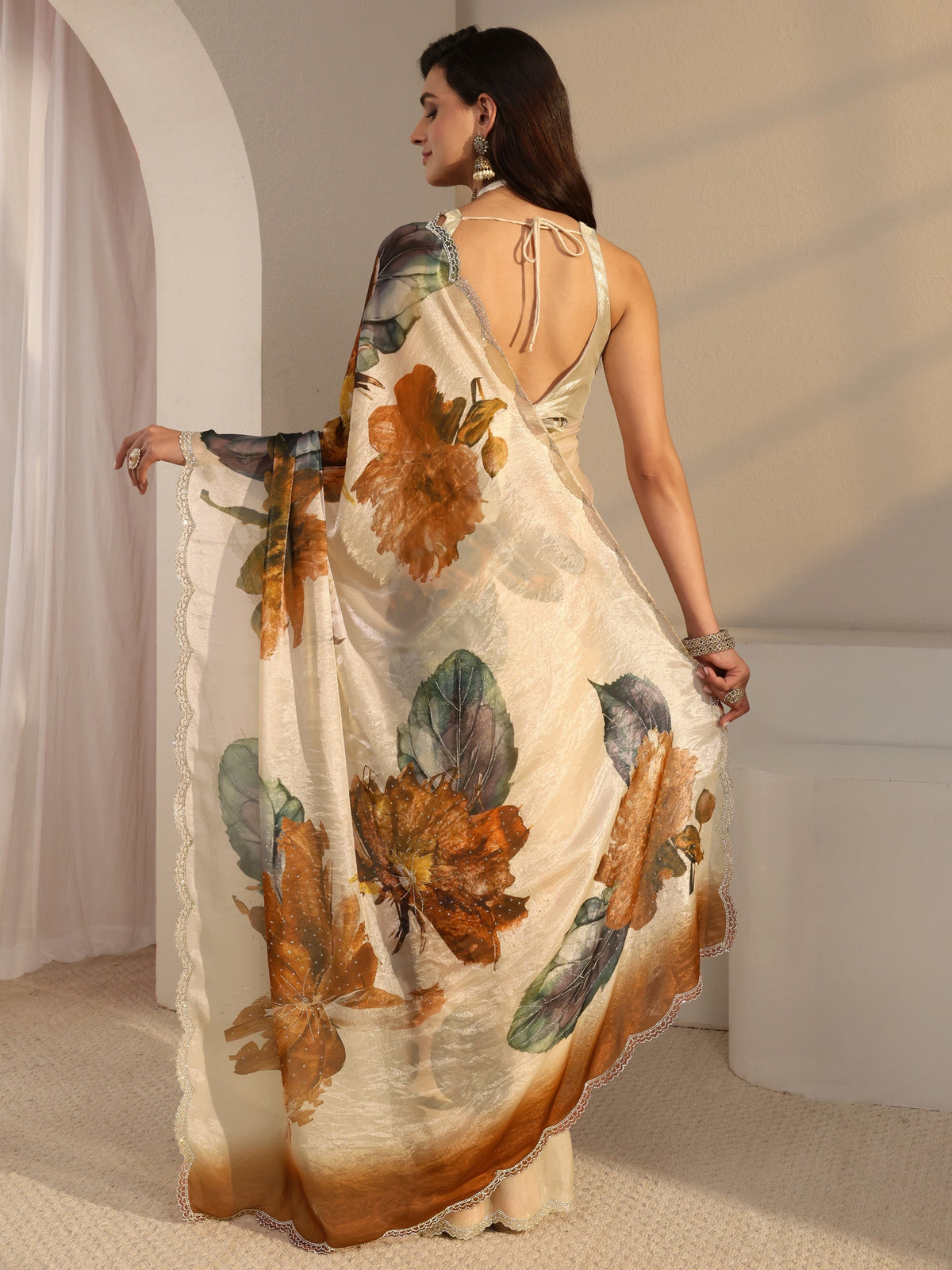 Anouk Ivory Floral Printed Tissue Saree With Unstitched Blouse Piece