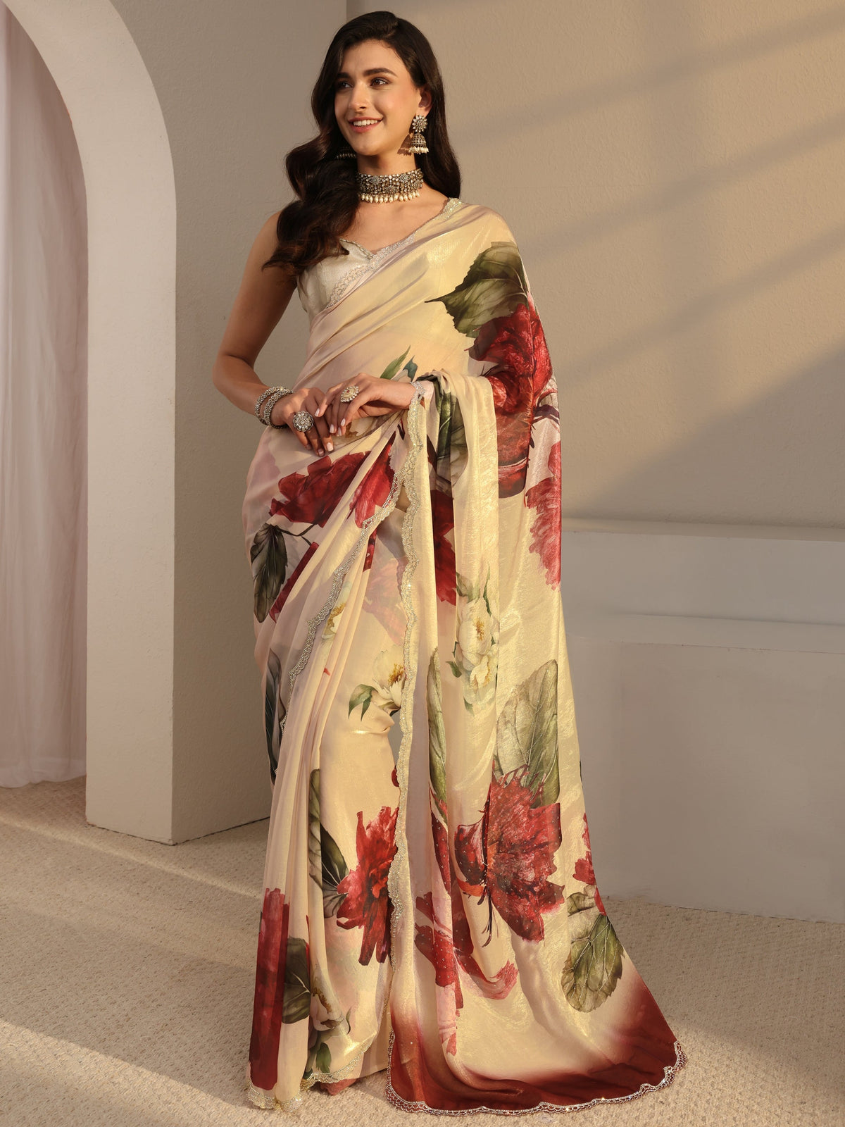 Anouk Ivory Floral Printed Tissue Saree With Unstitched Blouse Piece