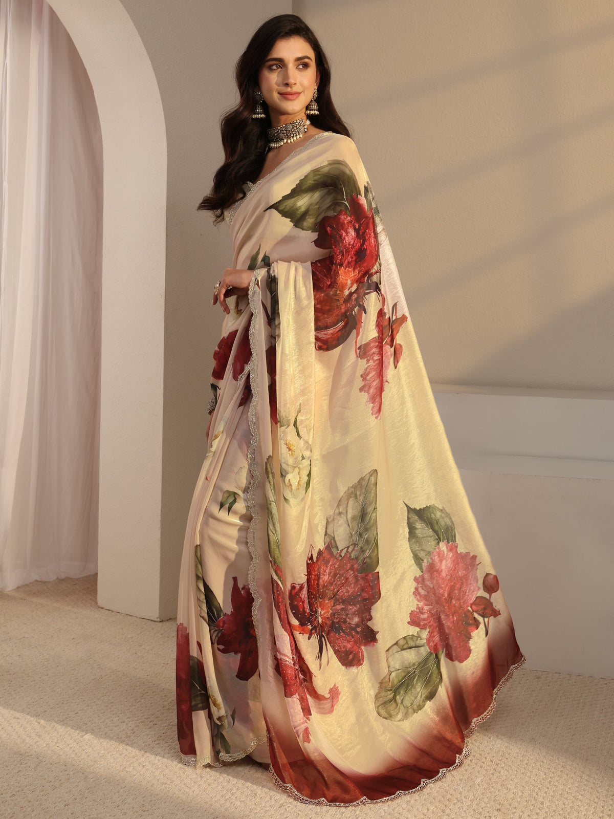 Anouk Ivory Floral Printed Tissue Saree With Unstitched Blouse Piece