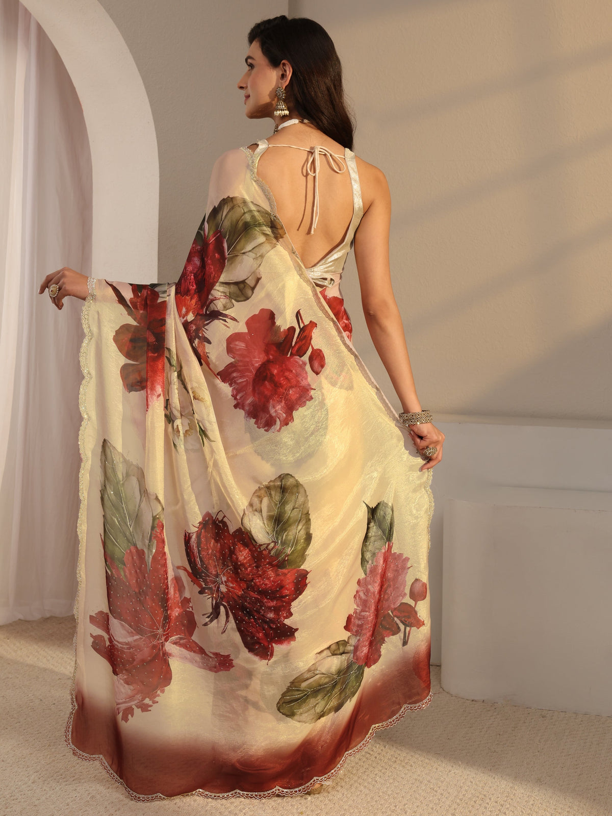 Anouk Ivory Floral Printed Tissue Saree With Unstitched Blouse Piece