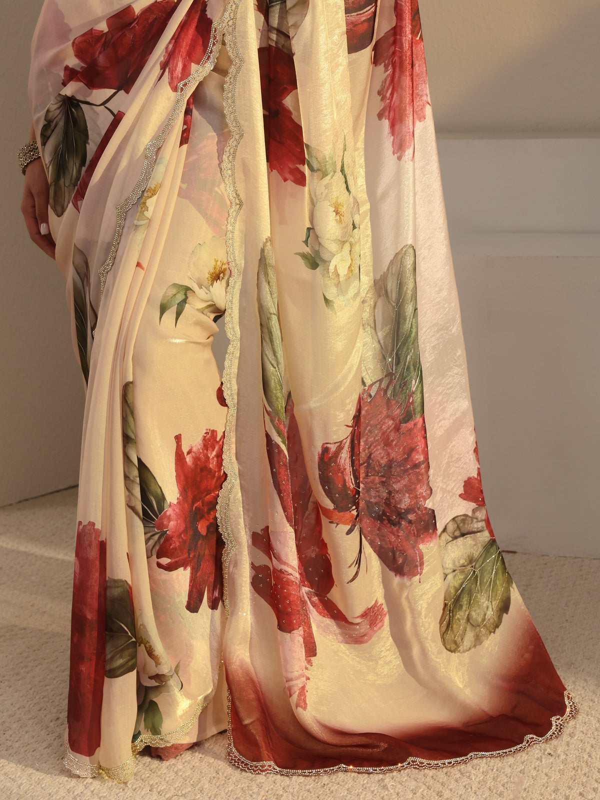 Anouk Ivory Floral Printed Tissue Saree With Unstitched Blouse Piece