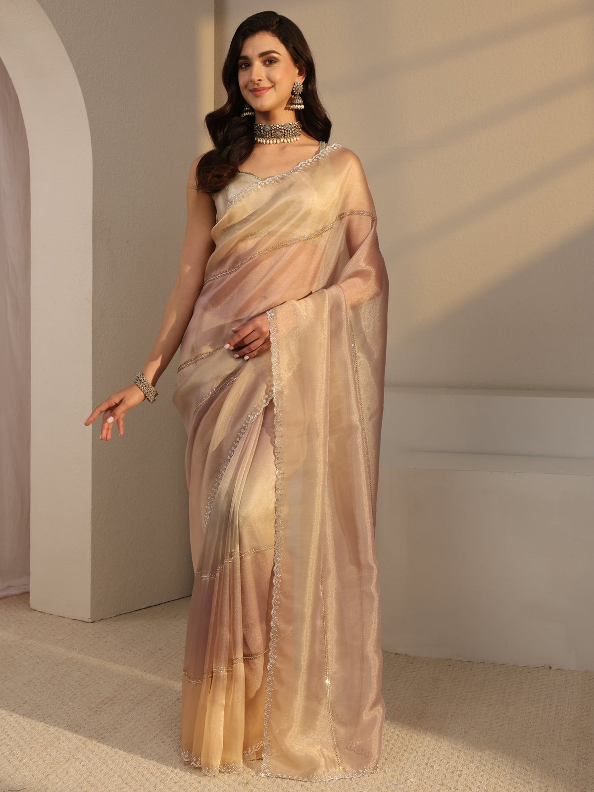 Anouk Beige Embellished Tissue Saree  With Unstitched Blouse Piece