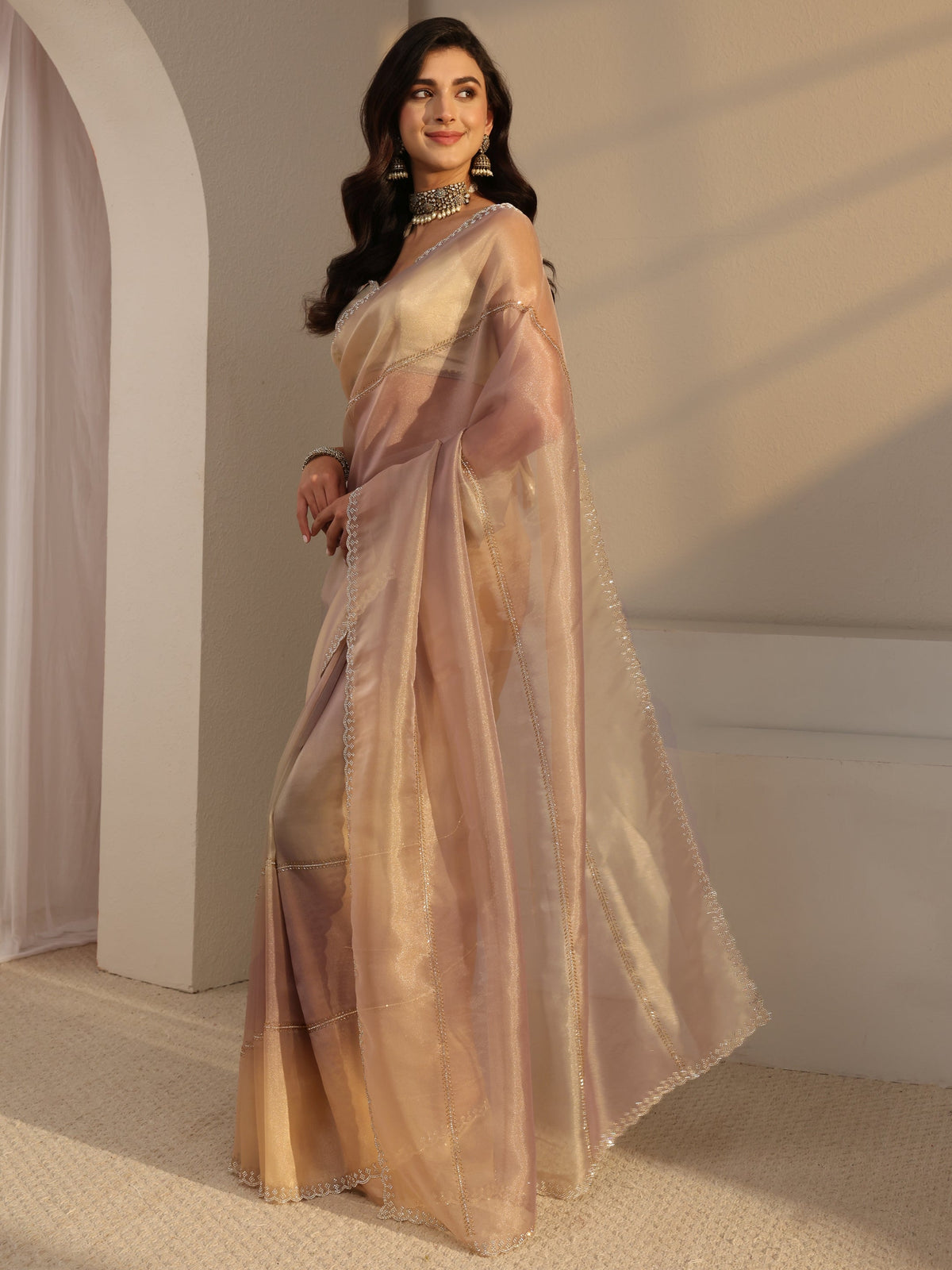 Anouk Beige Embellished Tissue Saree  With Unstitched Blouse Piece