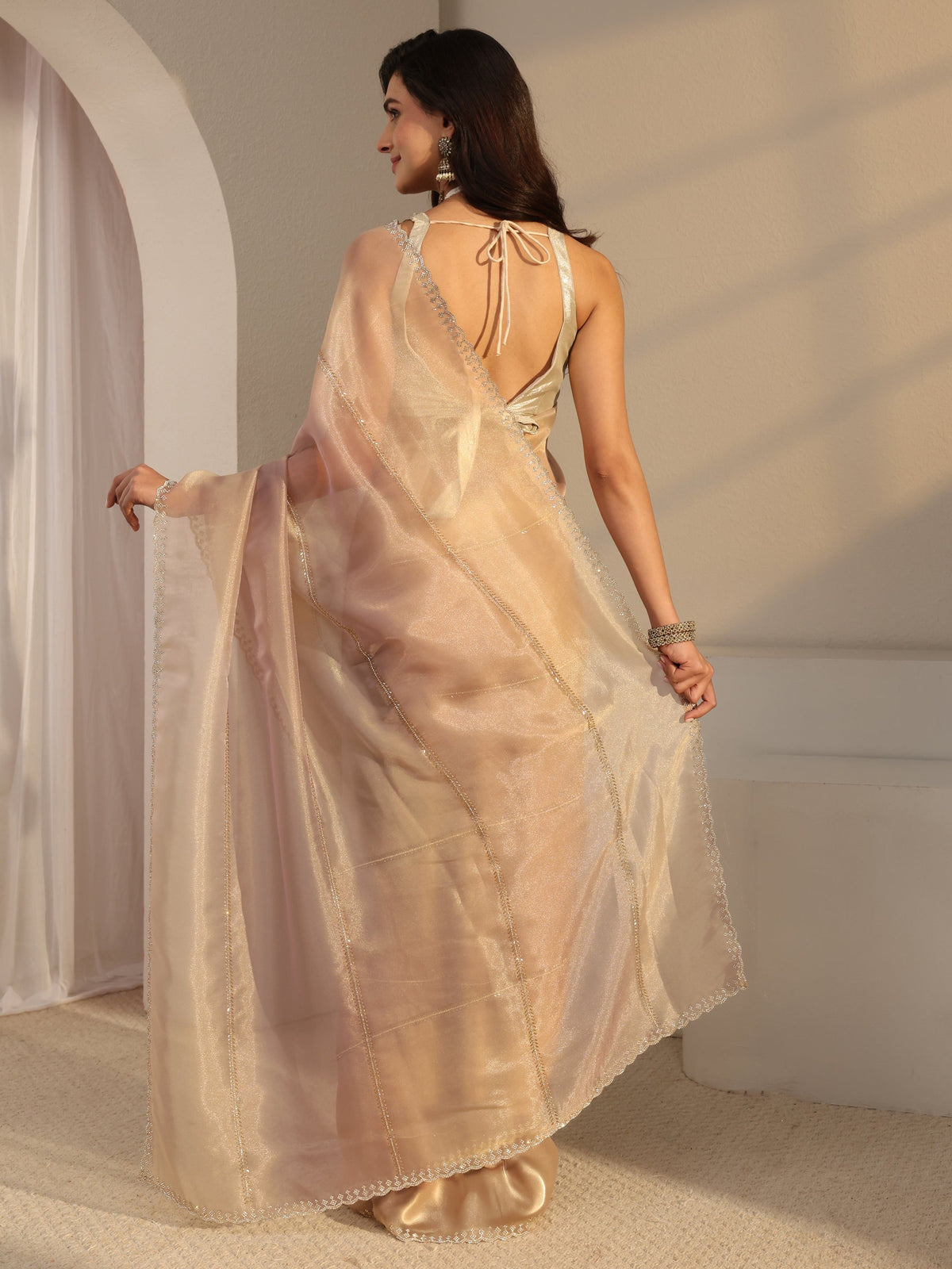 Anouk Beige Embellished Tissue Saree  With Unstitched Blouse Piece