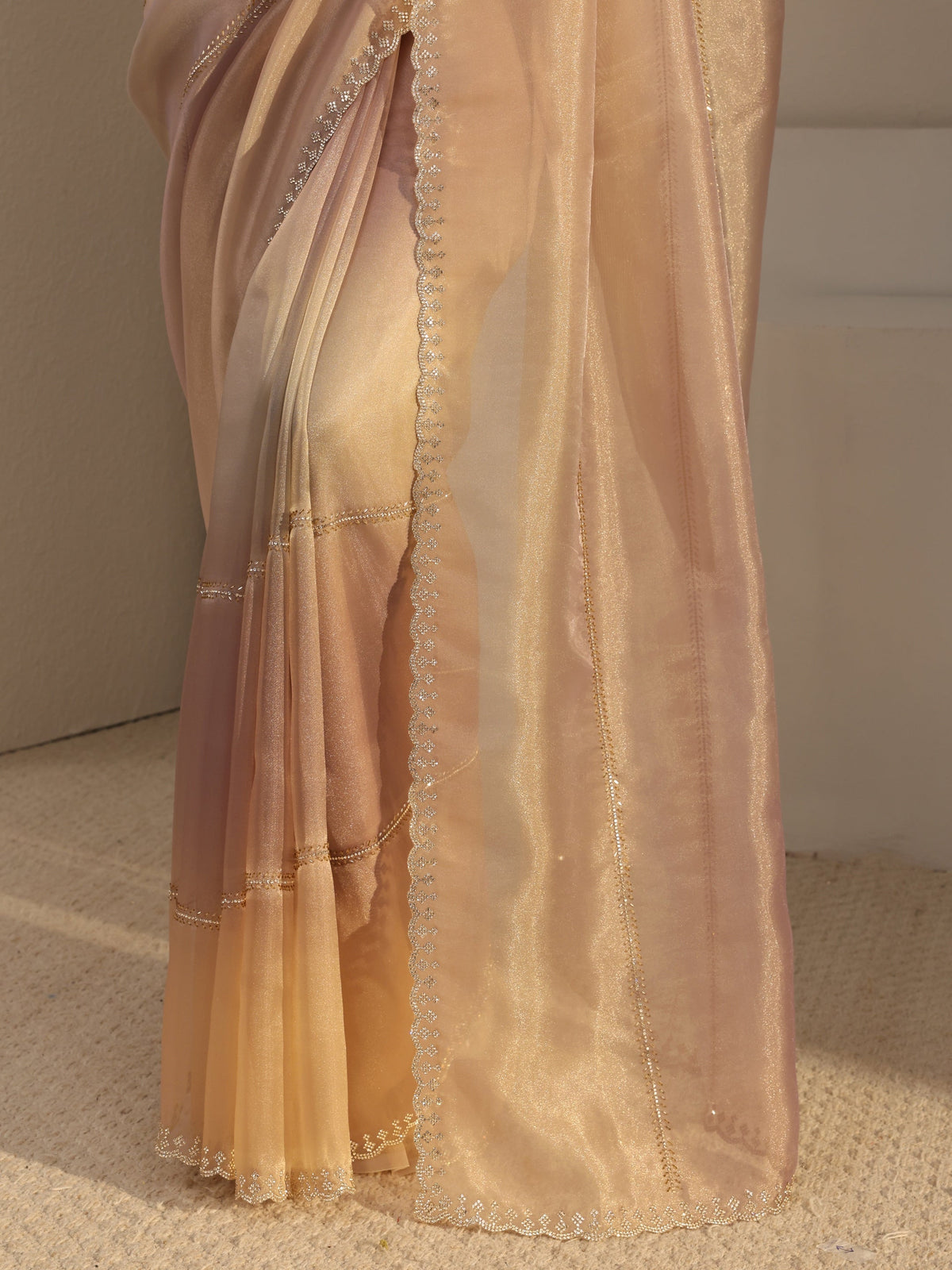 Anouk Beige Embellished Tissue Saree  With Unstitched Blouse Piece