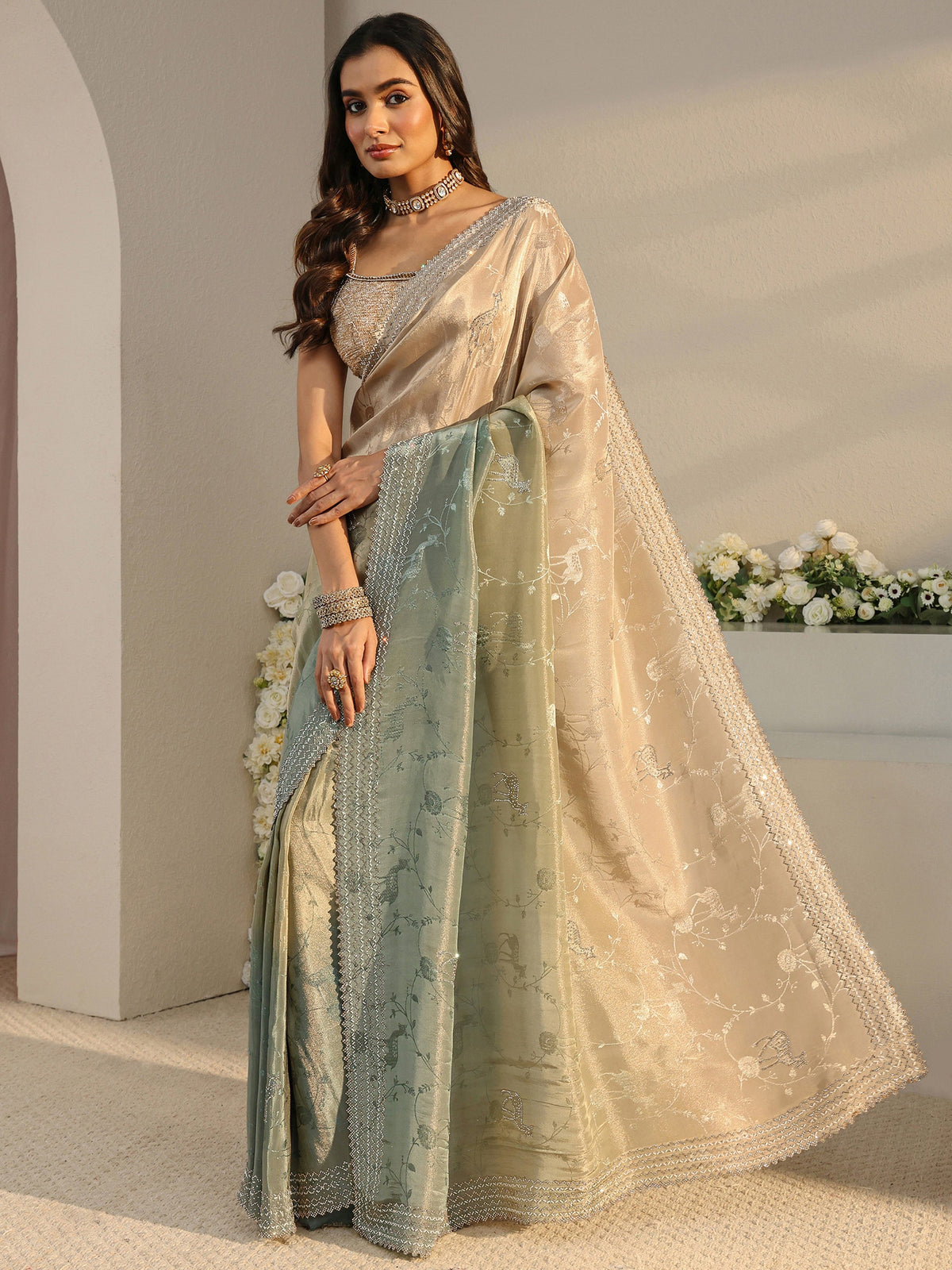 Anouk Art Green Floral Woven Design Ombre Satin Saree With Unstitched Blouse Piece