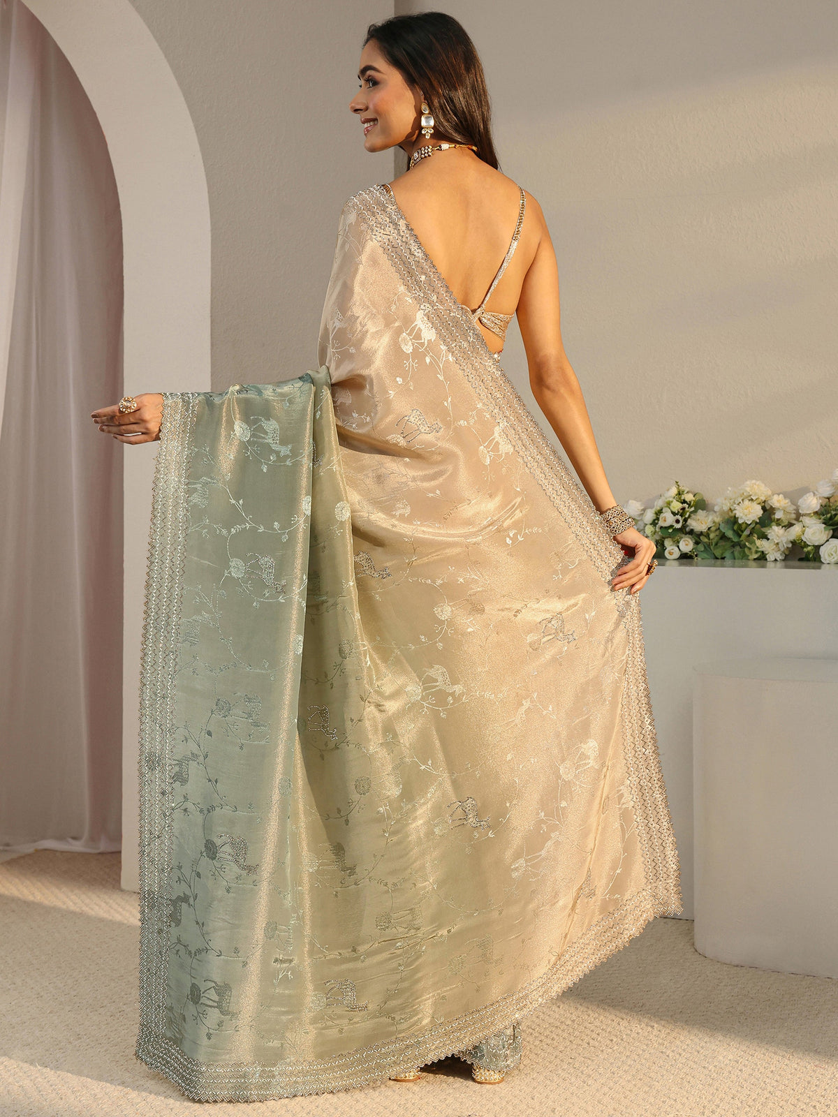 Anouk Art Green Floral Woven Design Ombre Satin Saree With Unstitched Blouse Piece