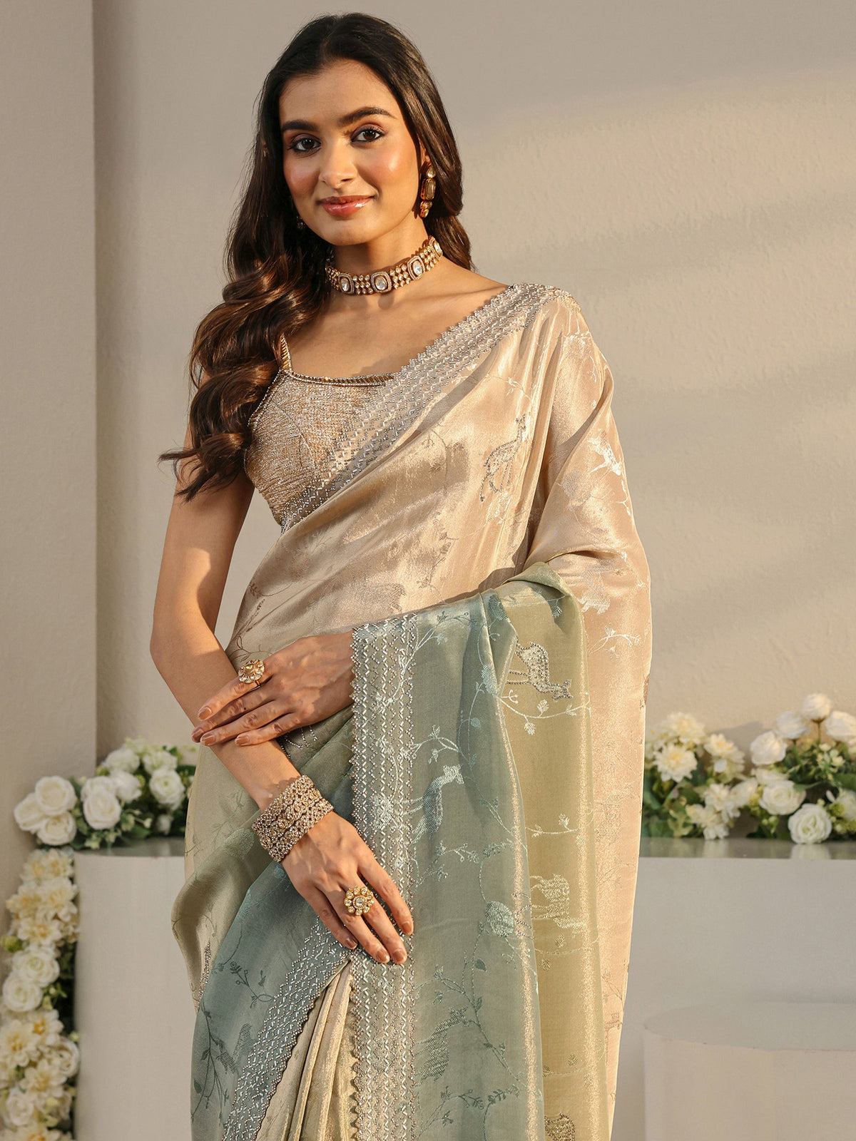 Anouk Art Green Floral Woven Design Ombre Satin Saree With Unstitched Blouse Piece