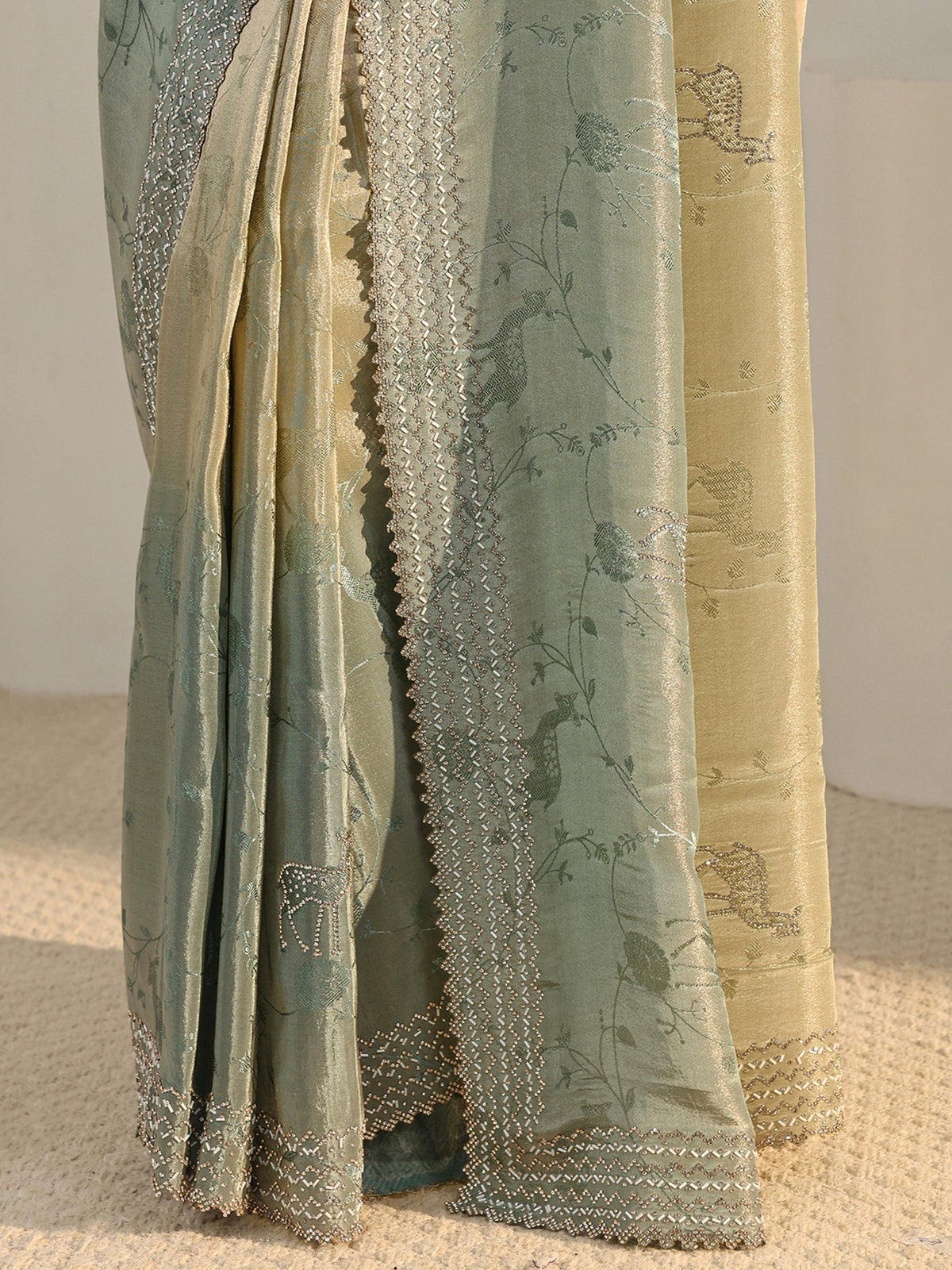 Anouk Art Green Floral Woven Design Ombre Satin Saree With Unstitched Blouse Piece