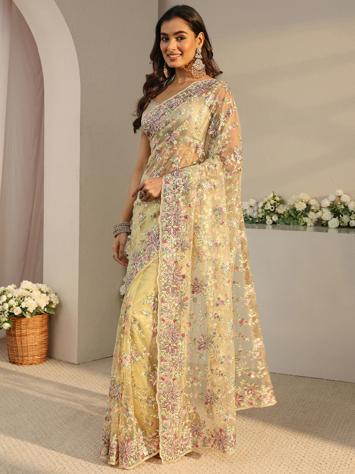 Anouk Art Green Floral Embroidered Net Saree With Unstitched Blouse Piece