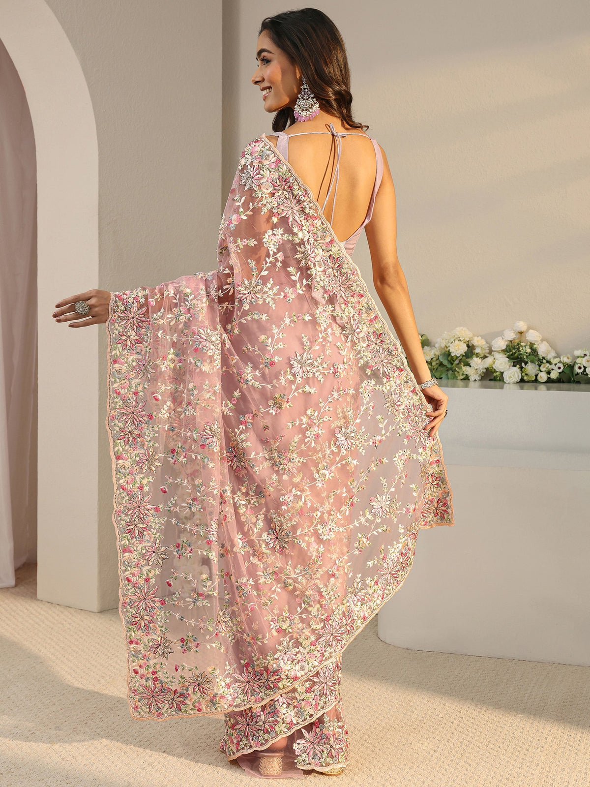 Anouk Art Pink Floral Embroidered Net Saree With Unstitched Blouse Piece