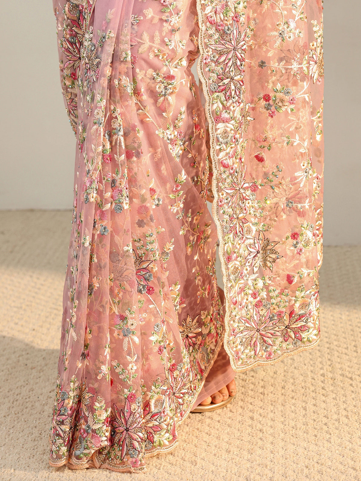 Anouk Art Pink Floral Embroidered Net Saree With Unstitched Blouse Piece