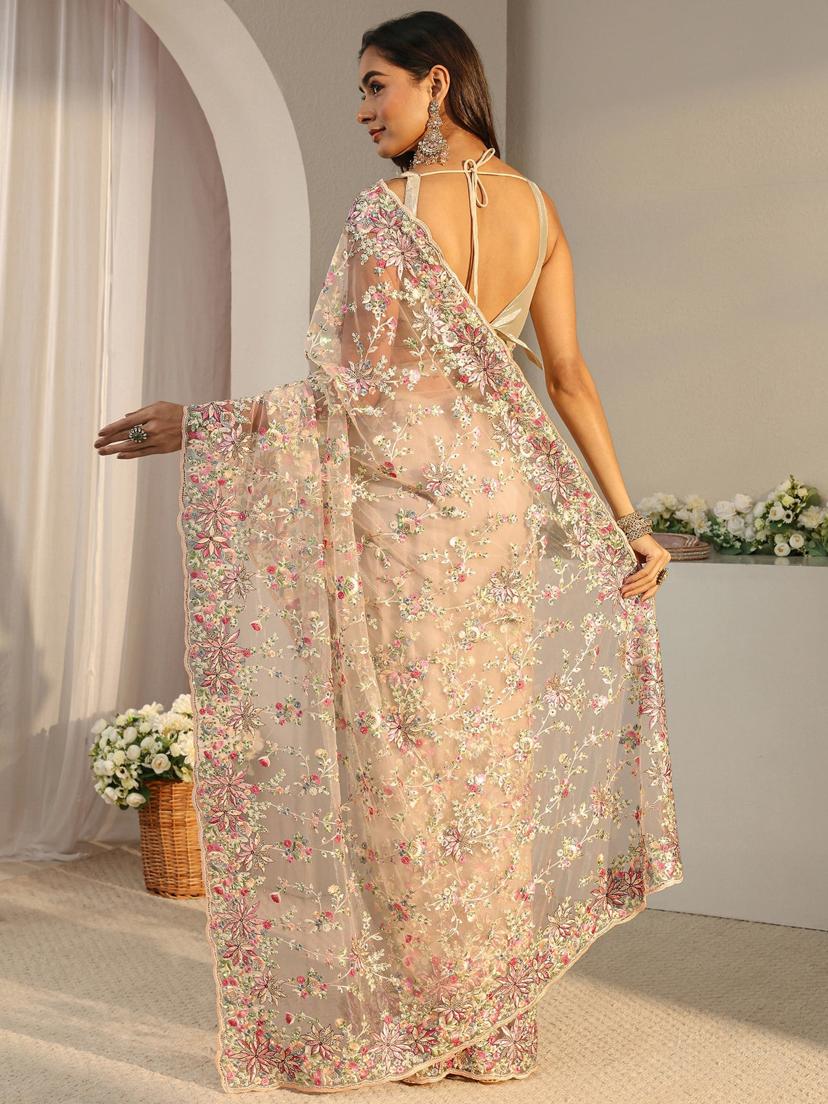 Anouk Art Ivory Floral Embroidered Net Saree With Unstitched Blouse Piece