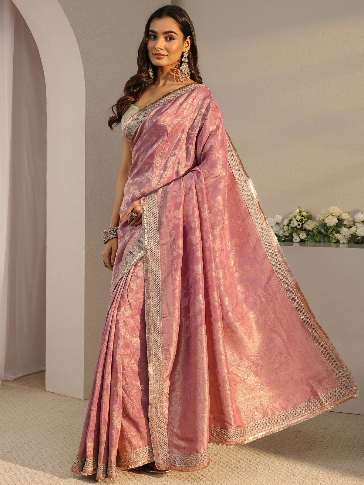 Anouk Art Pink Floral Woven Design Silk Blend Saree With Unstitched Blouse Piece