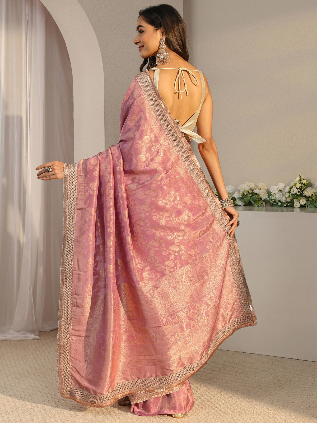Anouk Art Pink Floral Woven Design Silk Blend Saree With Unstitched Blouse Piece