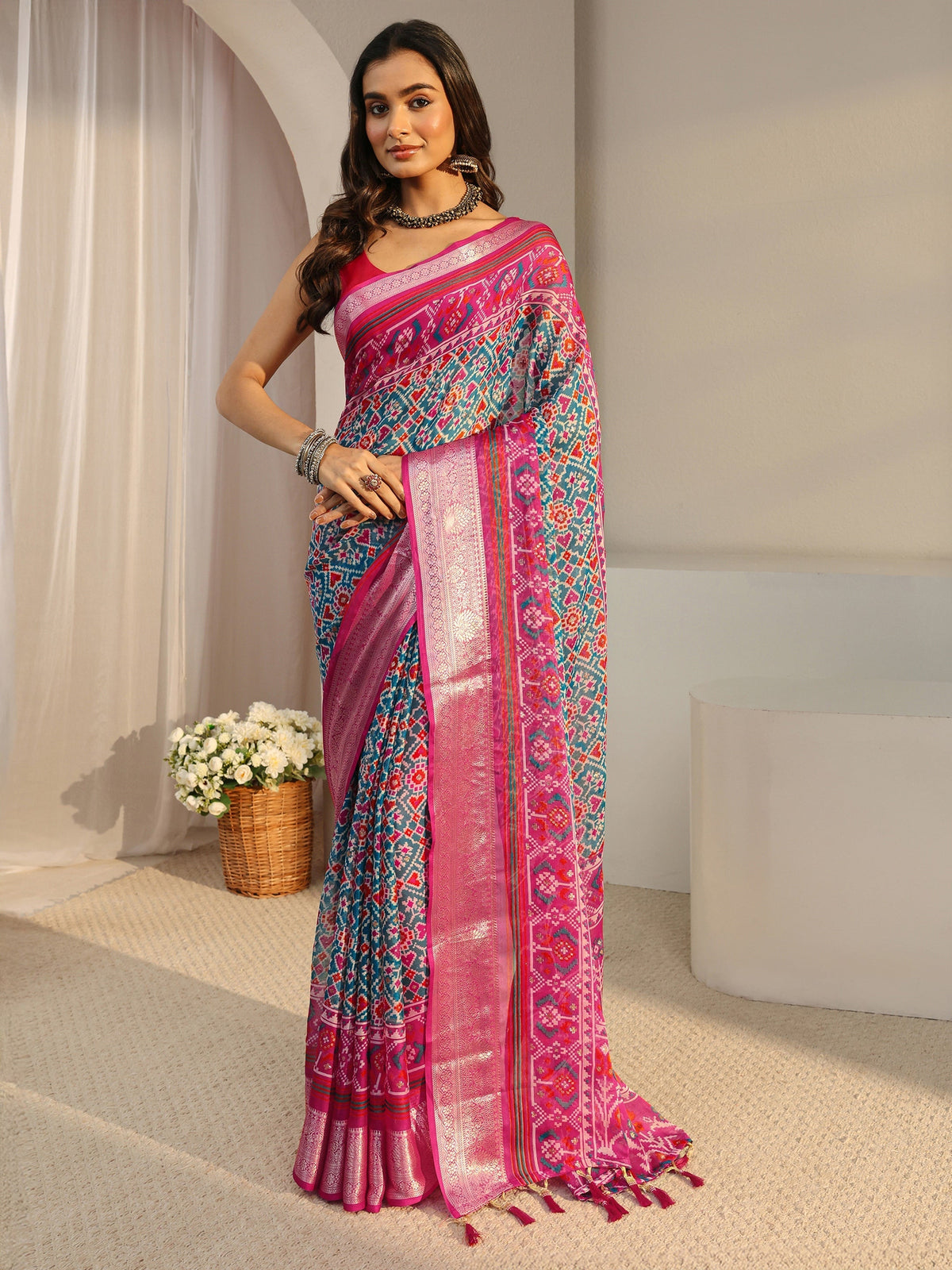 Anouk Blue Pochampally Ikkat Chiffon Saree With Unstitched Blouse Piece