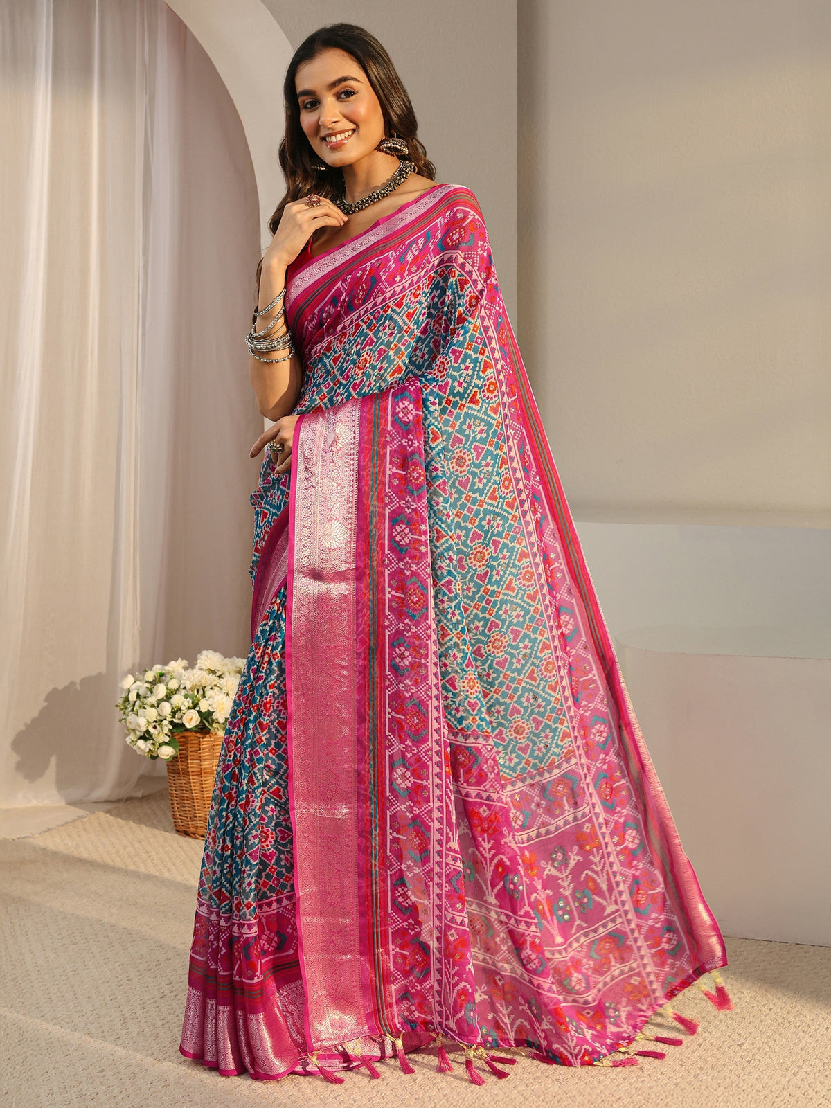Anouk Blue Pochampally Ikkat Chiffon Saree With Unstitched Blouse Piece