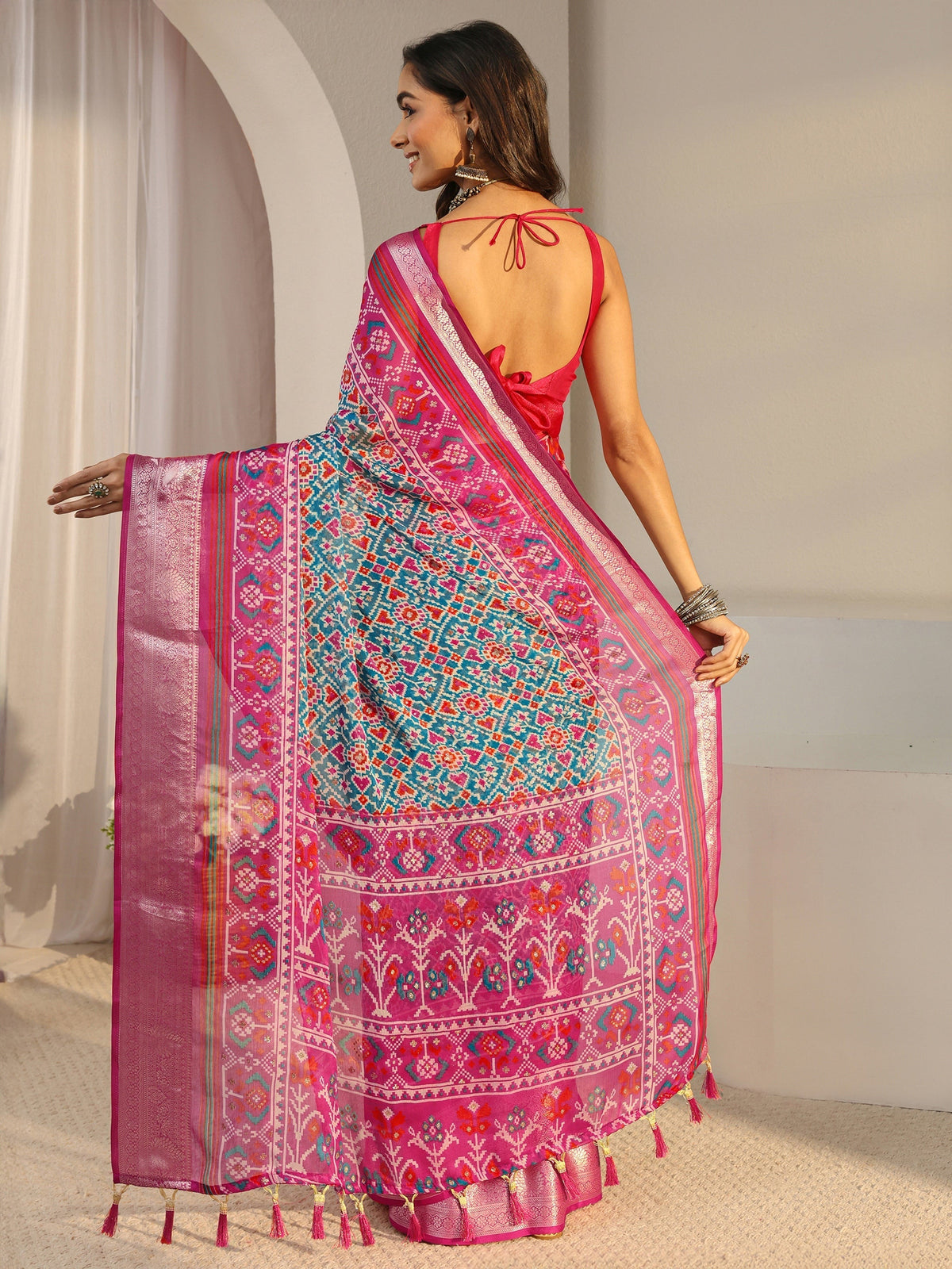 Anouk Blue Pochampally Ikkat Chiffon Saree With Unstitched Blouse Piece