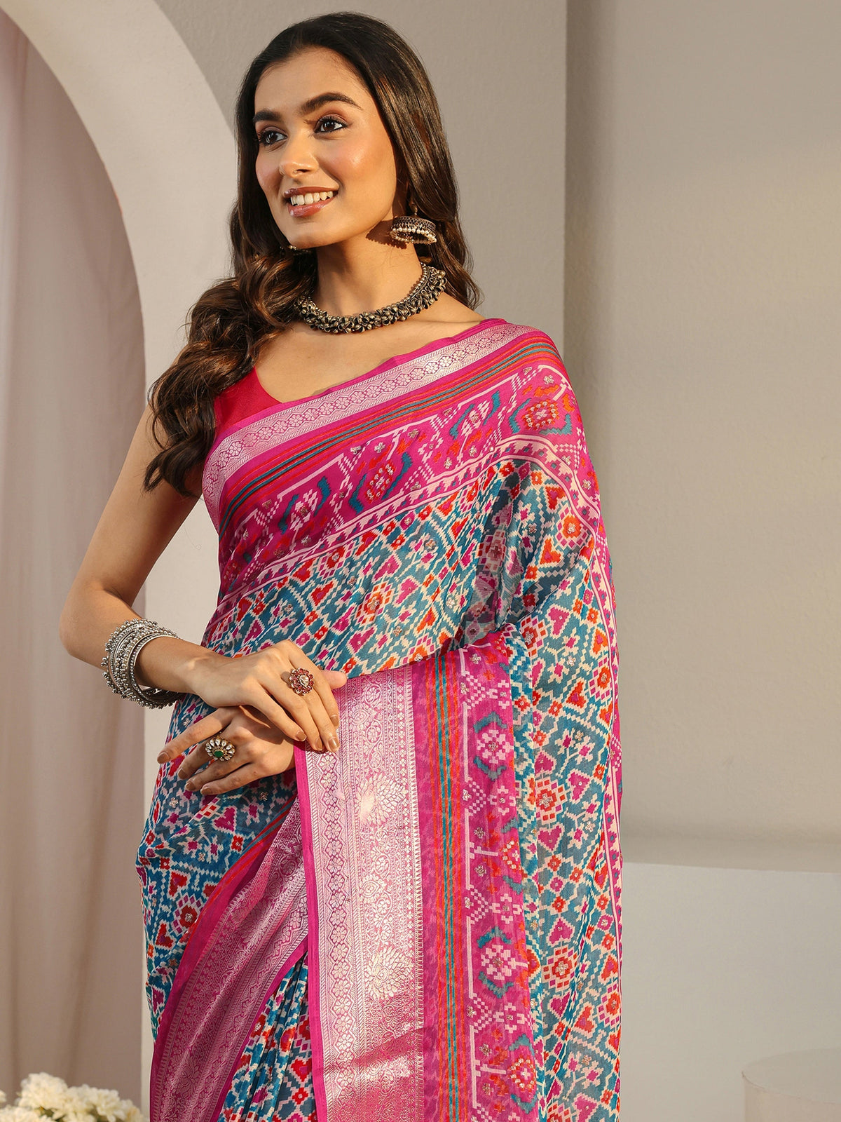 Anouk Blue Pochampally Ikkat Chiffon Saree With Unstitched Blouse Piece