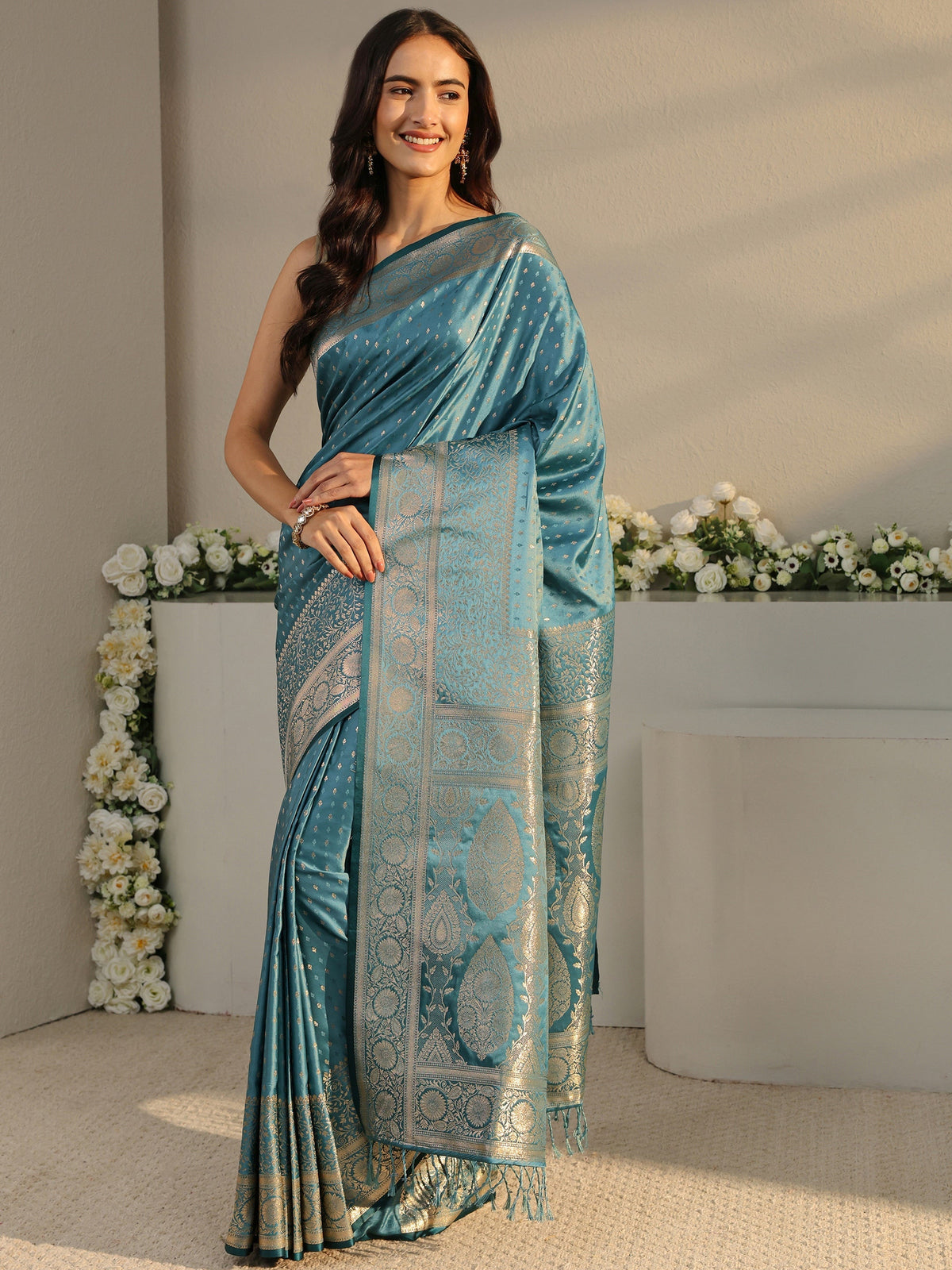 Anouk Teal Ethnic Woven Design Silk Blend Saree With Unstitched Blouse Piece
