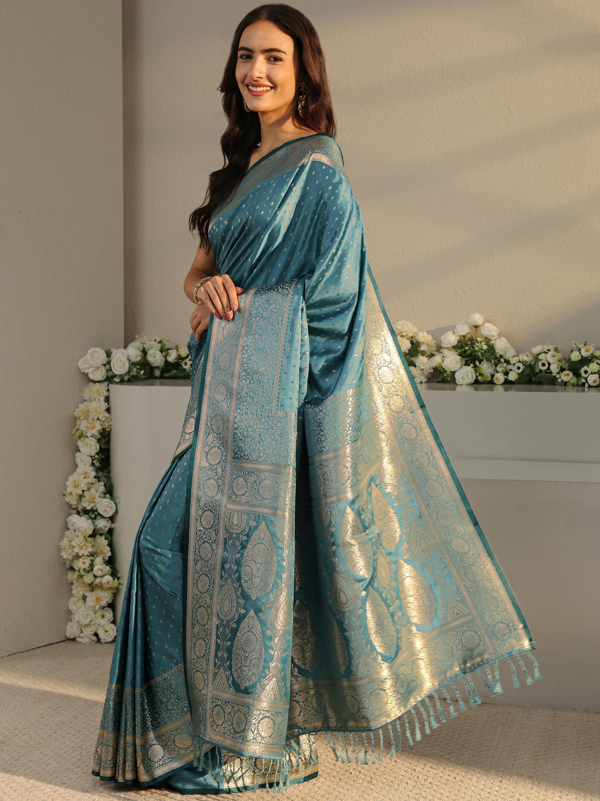 Anouk Teal Ethnic Woven Design Silk Blend Saree With Unstitched Blouse Piece