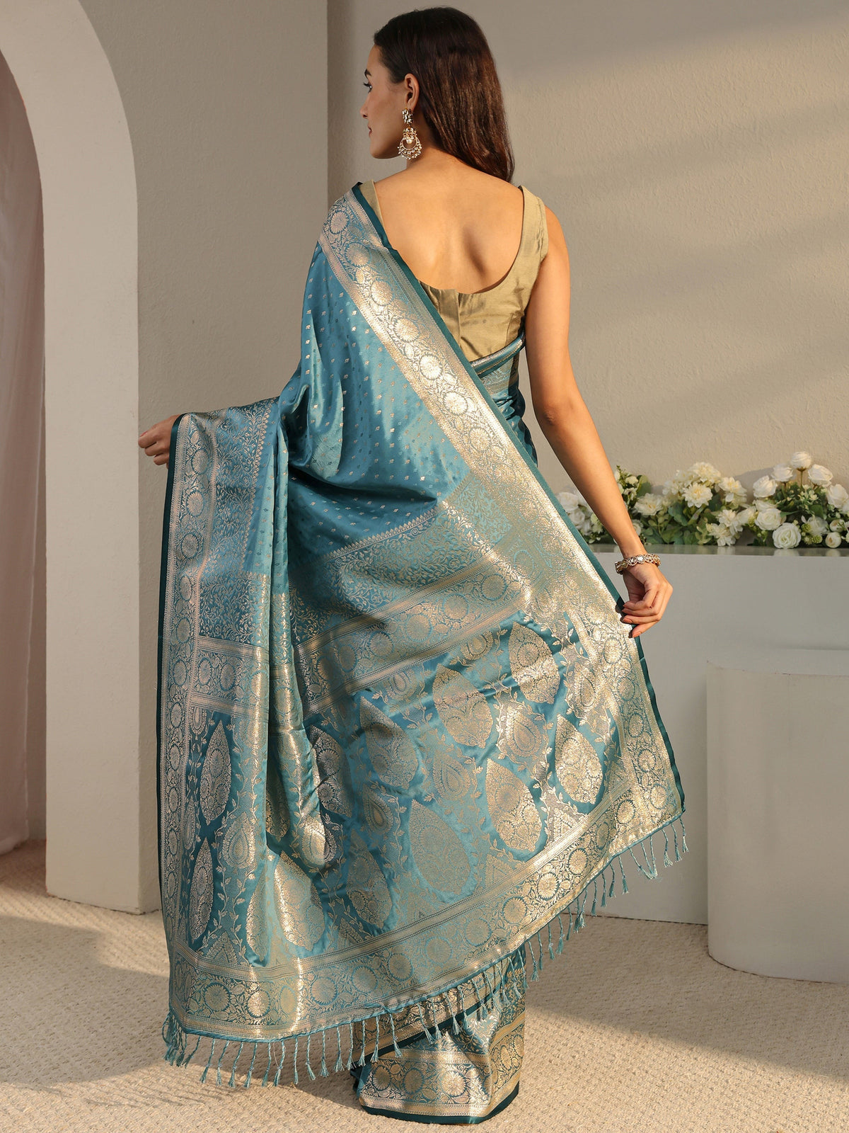 Anouk Teal Ethnic Woven Design Silk Blend Saree With Unstitched Blouse Piece