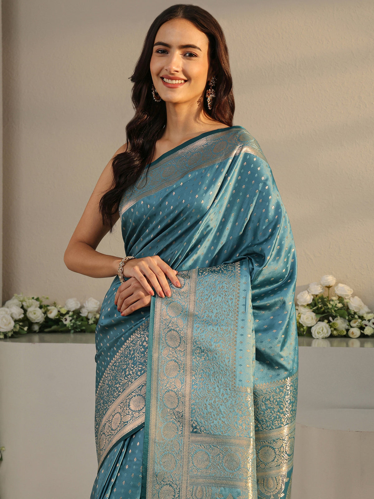 Anouk Teal Ethnic Woven Design Silk Blend Saree With Unstitched Blouse Piece