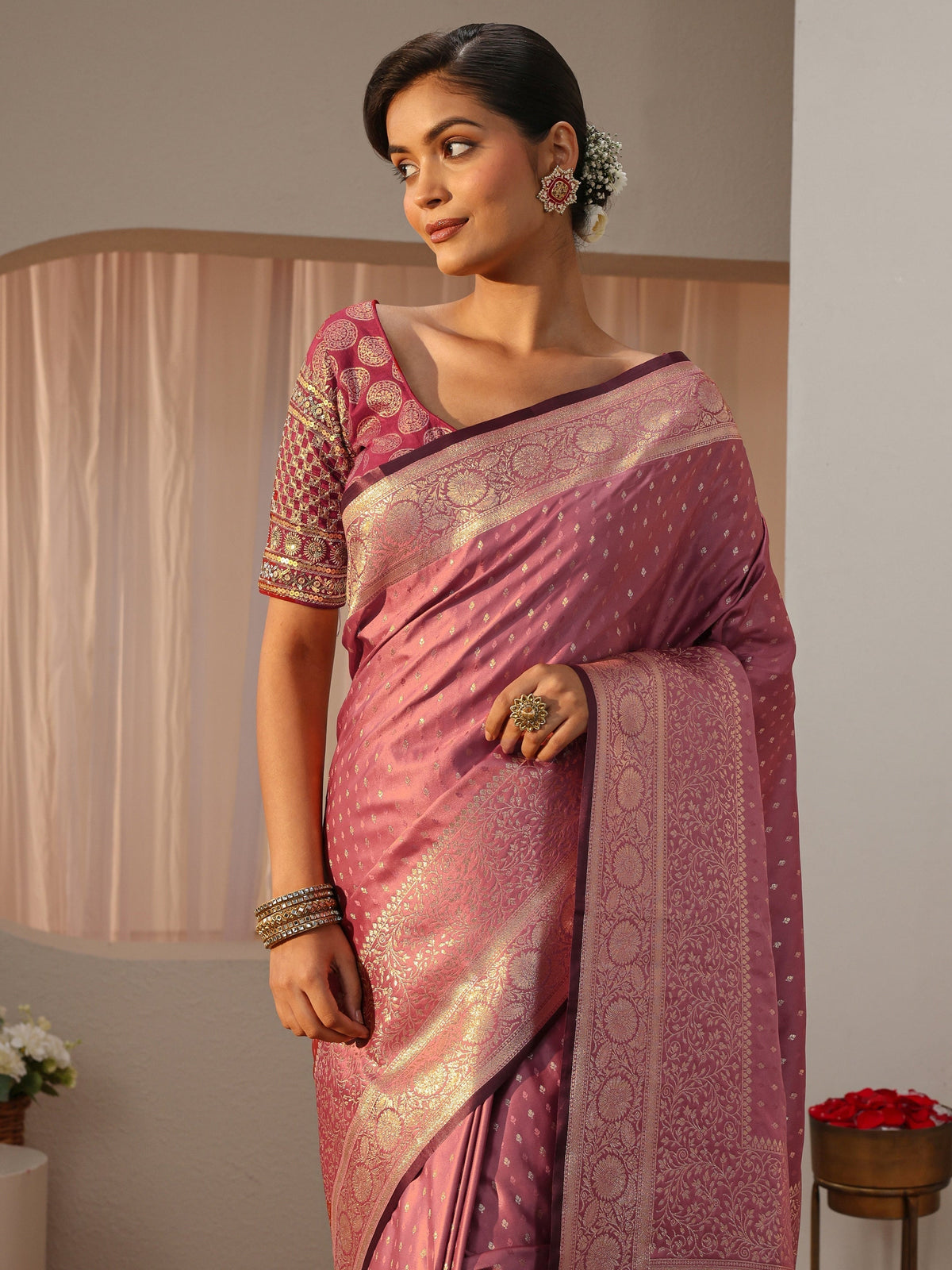 Anouk Pink Kanjeevaram Silk Blend Saree