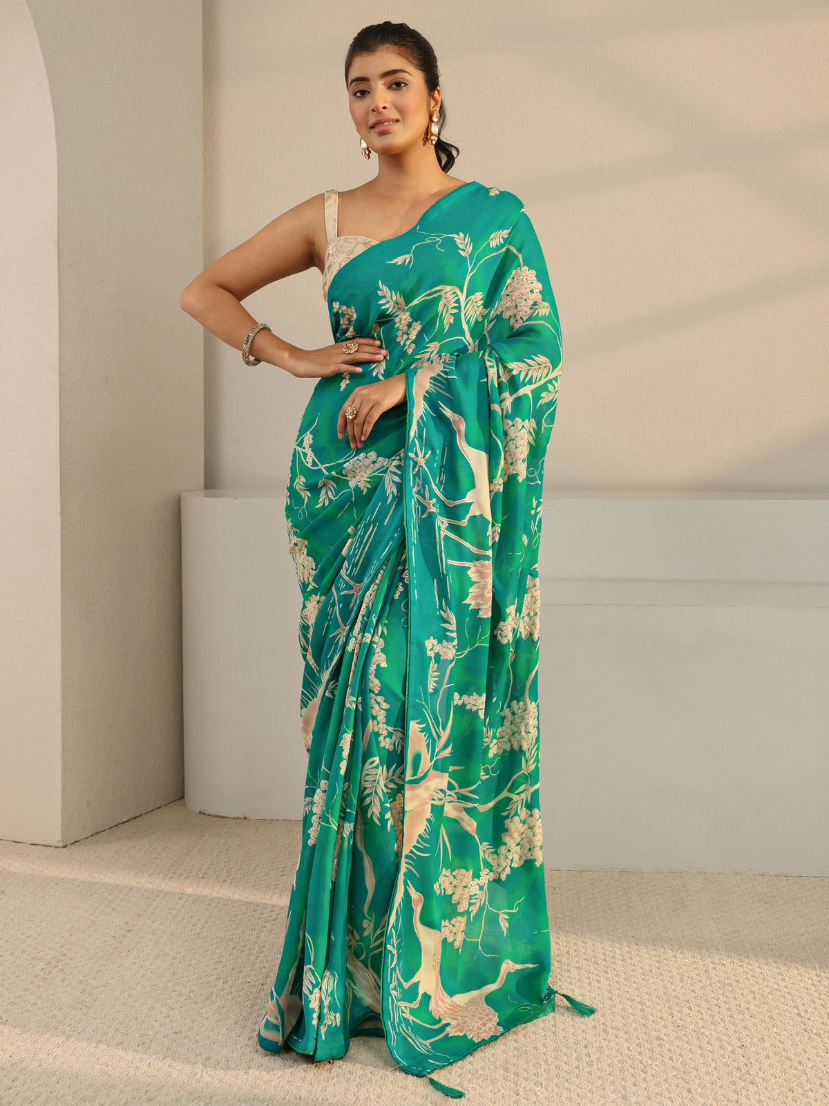 Anouk Green Floral Printed Georgette Tassel Saree With Unstitched Blouse Piece
