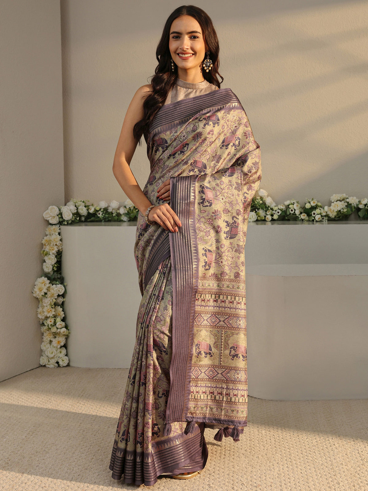 Anouk Green Ethnic Printed Silk Blend Saree With Unstitched Blouse Piece
