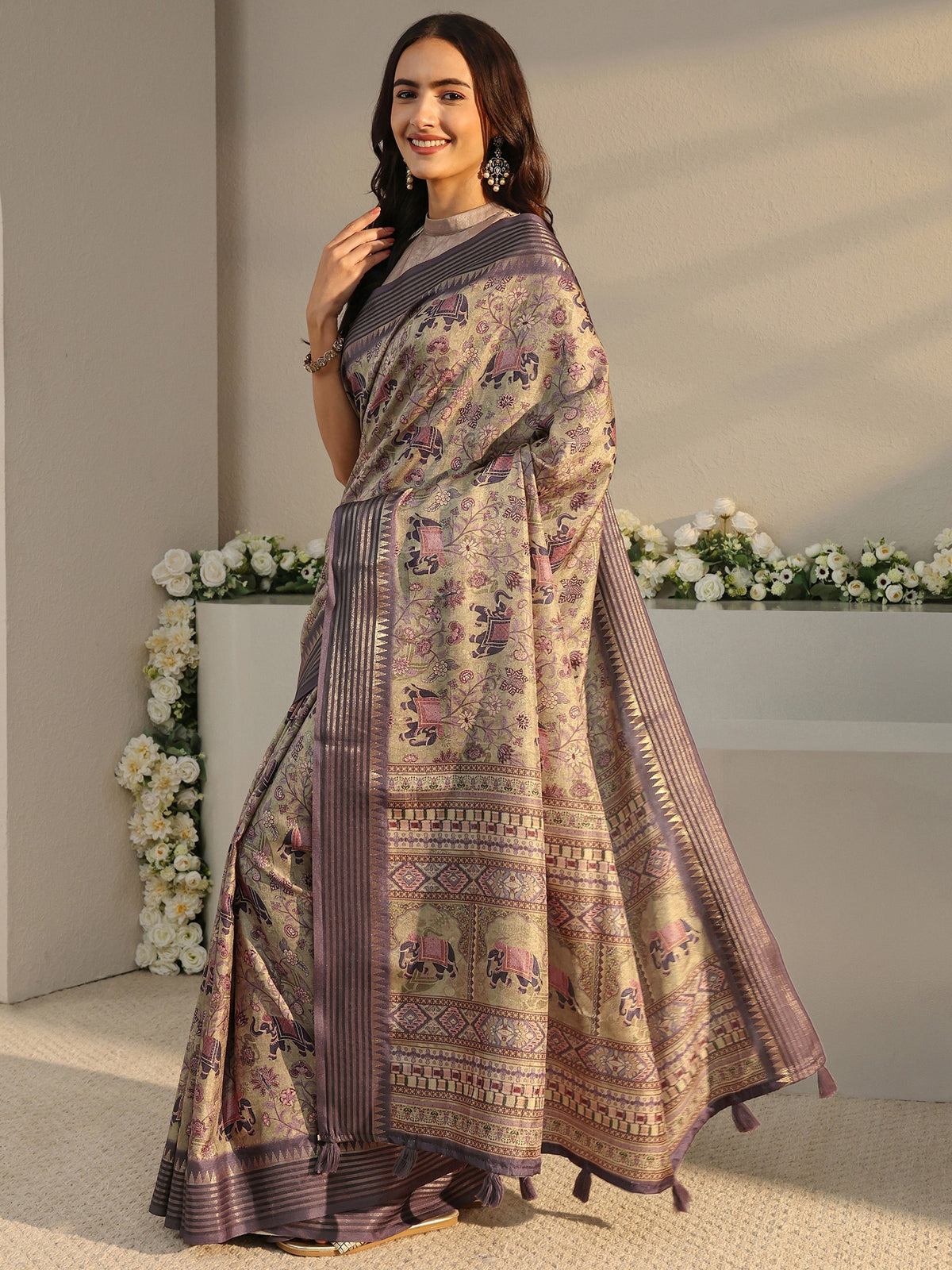 Anouk Green Ethnic Printed Silk Blend Saree With Unstitched Blouse Piece