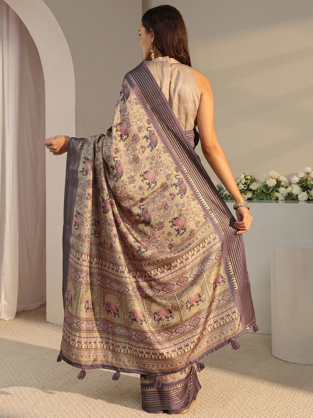 Anouk Green Ethnic Printed Silk Blend Saree With Unstitched Blouse Piece