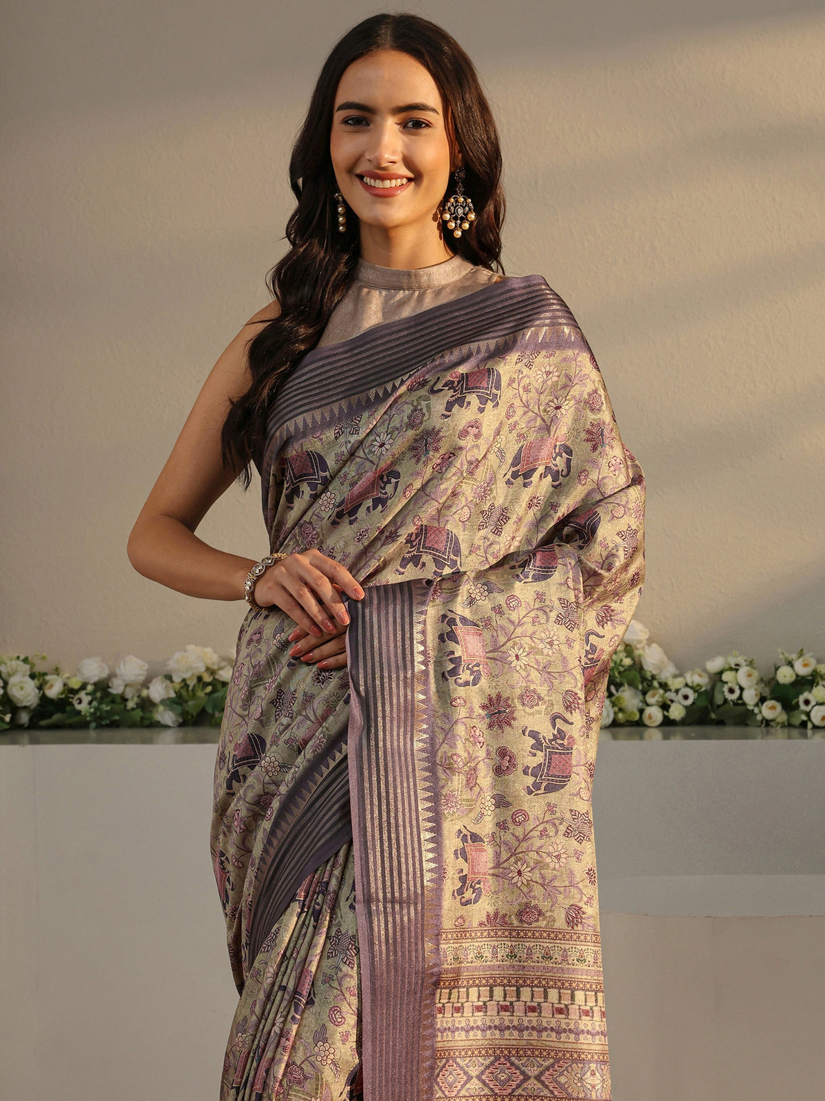 Anouk Green Ethnic Printed Silk Blend Saree With Unstitched Blouse Piece