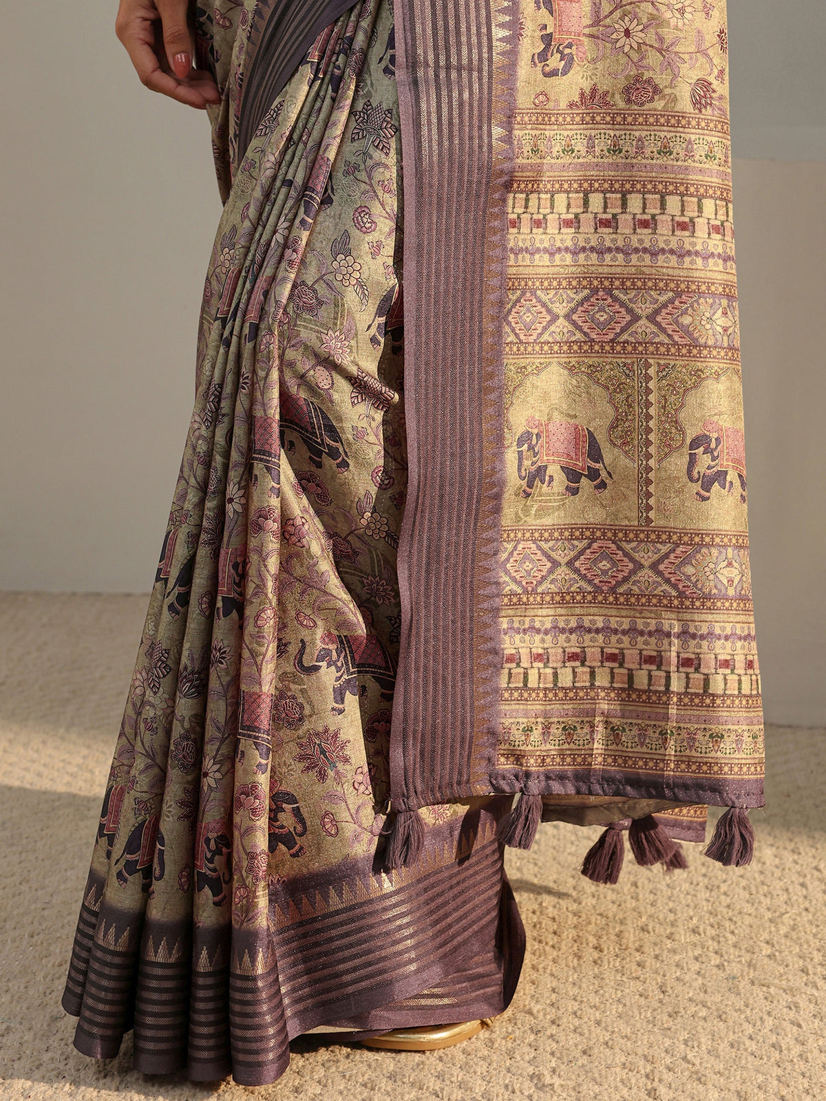 Anouk Green Ethnic Printed Silk Blend Saree With Unstitched Blouse Piece