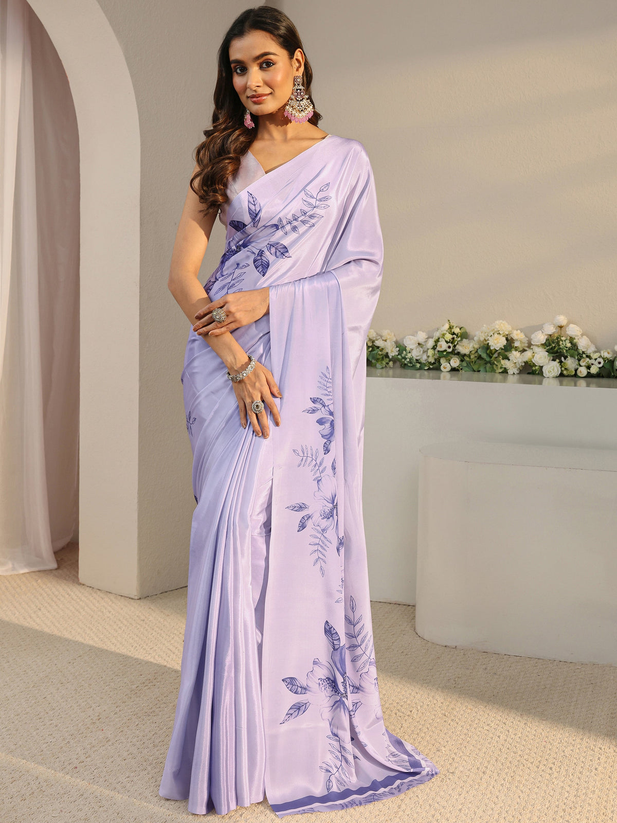 Anouk Lavender Floral Printed Satin Saree With Unstitched Blouse Piece