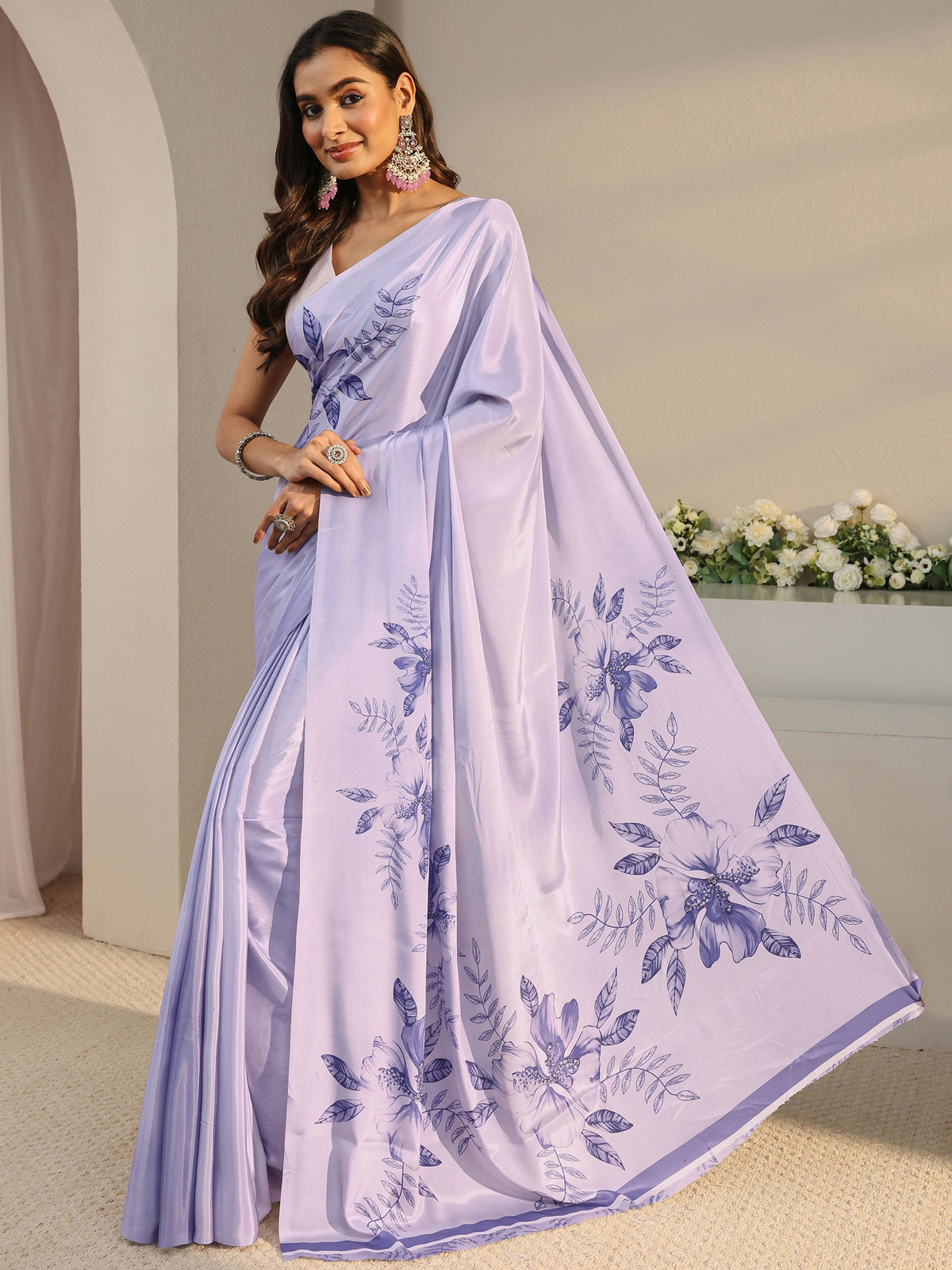 Anouk Lavender Floral Printed Satin Saree With Unstitched Blouse Piece