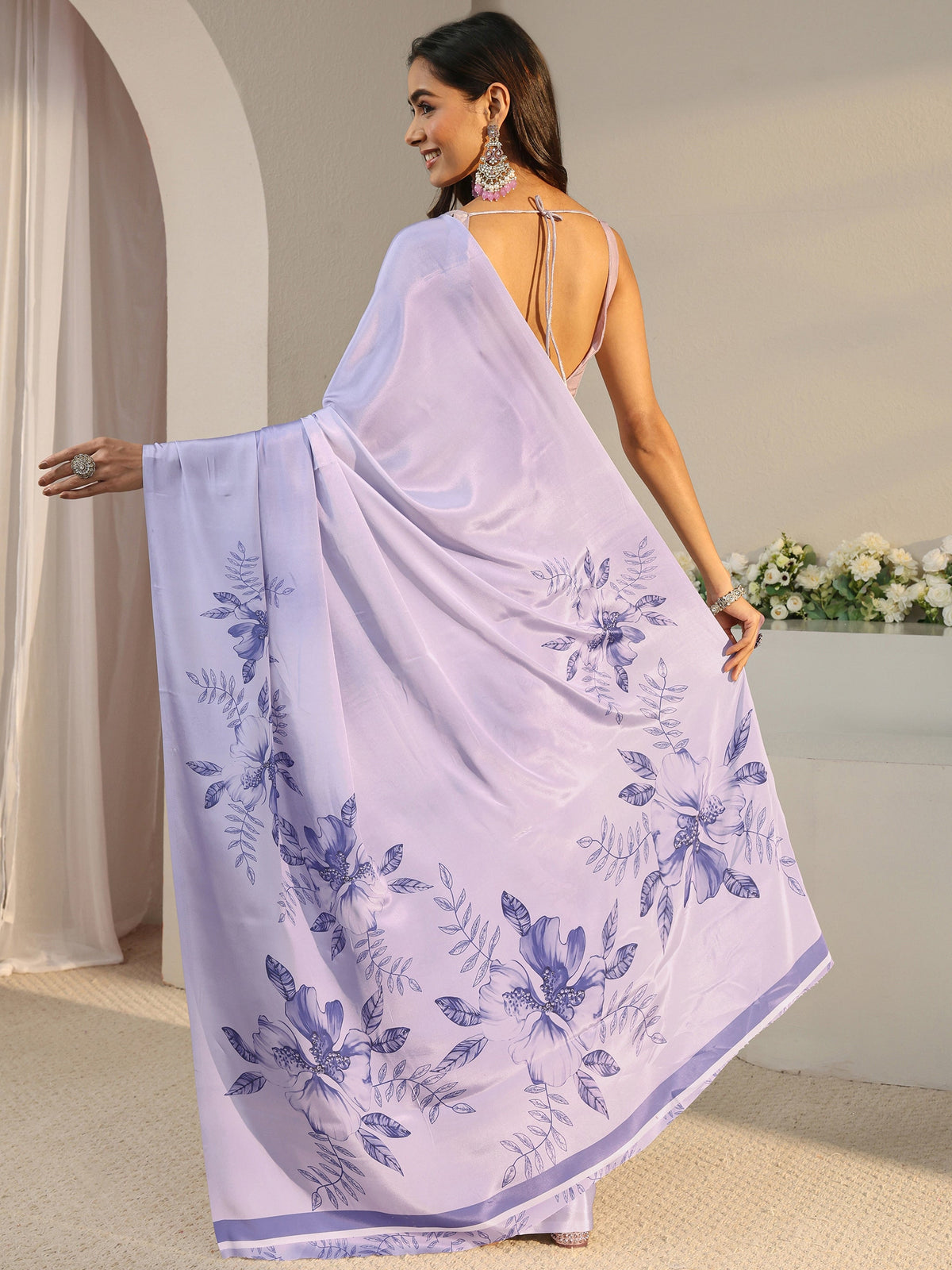 Anouk Lavender Floral Printed Satin Saree With Unstitched Blouse Piece