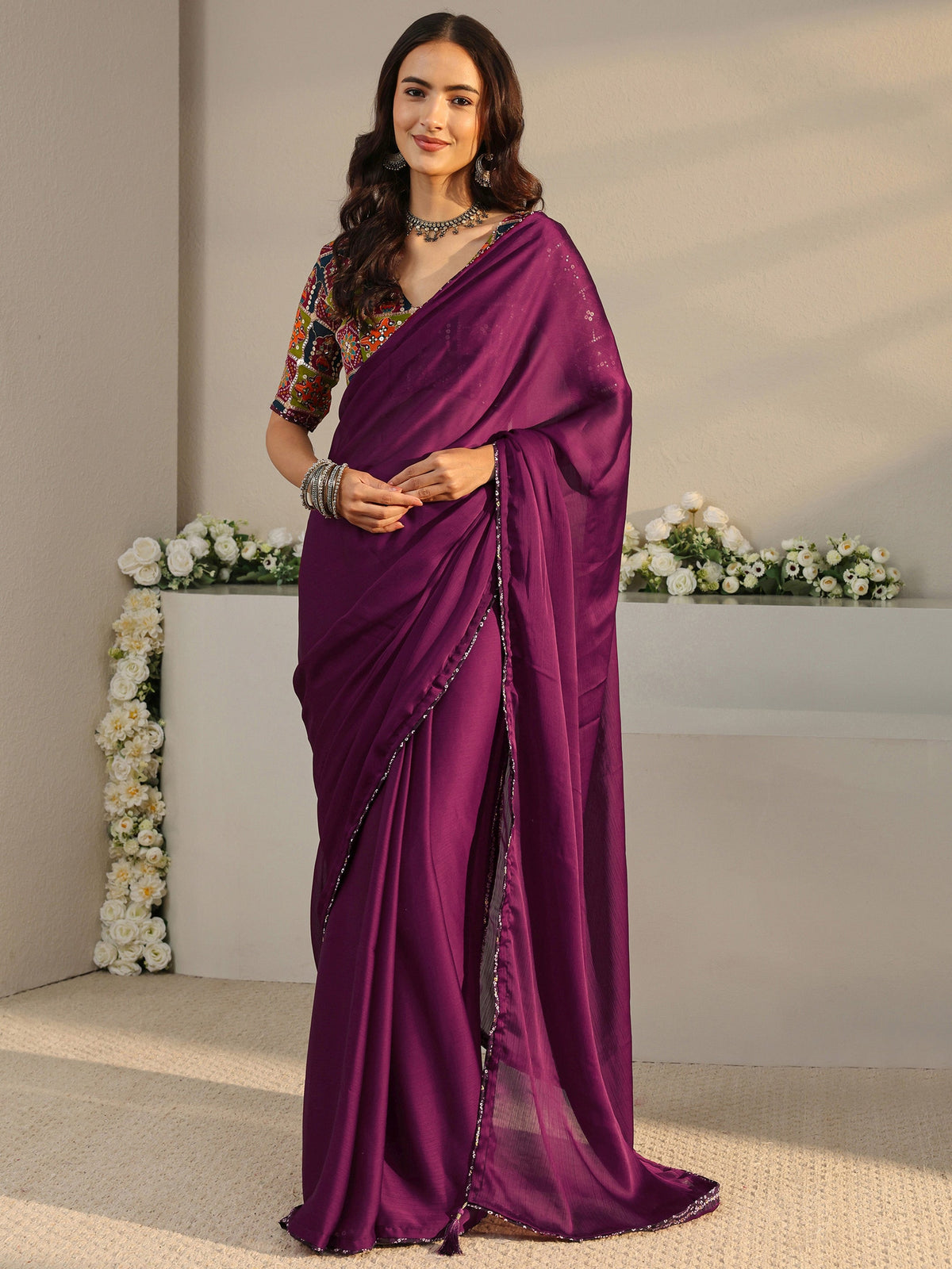 Anouk Burgundy Solid Chiffon Saree With Unstitched Blouse Piece