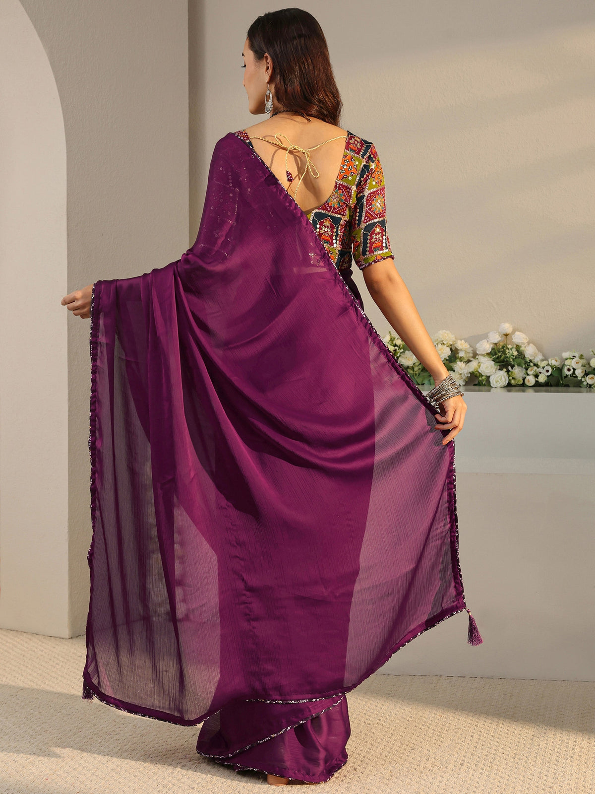Anouk Burgundy Solid Chiffon Saree With Unstitched Blouse Piece