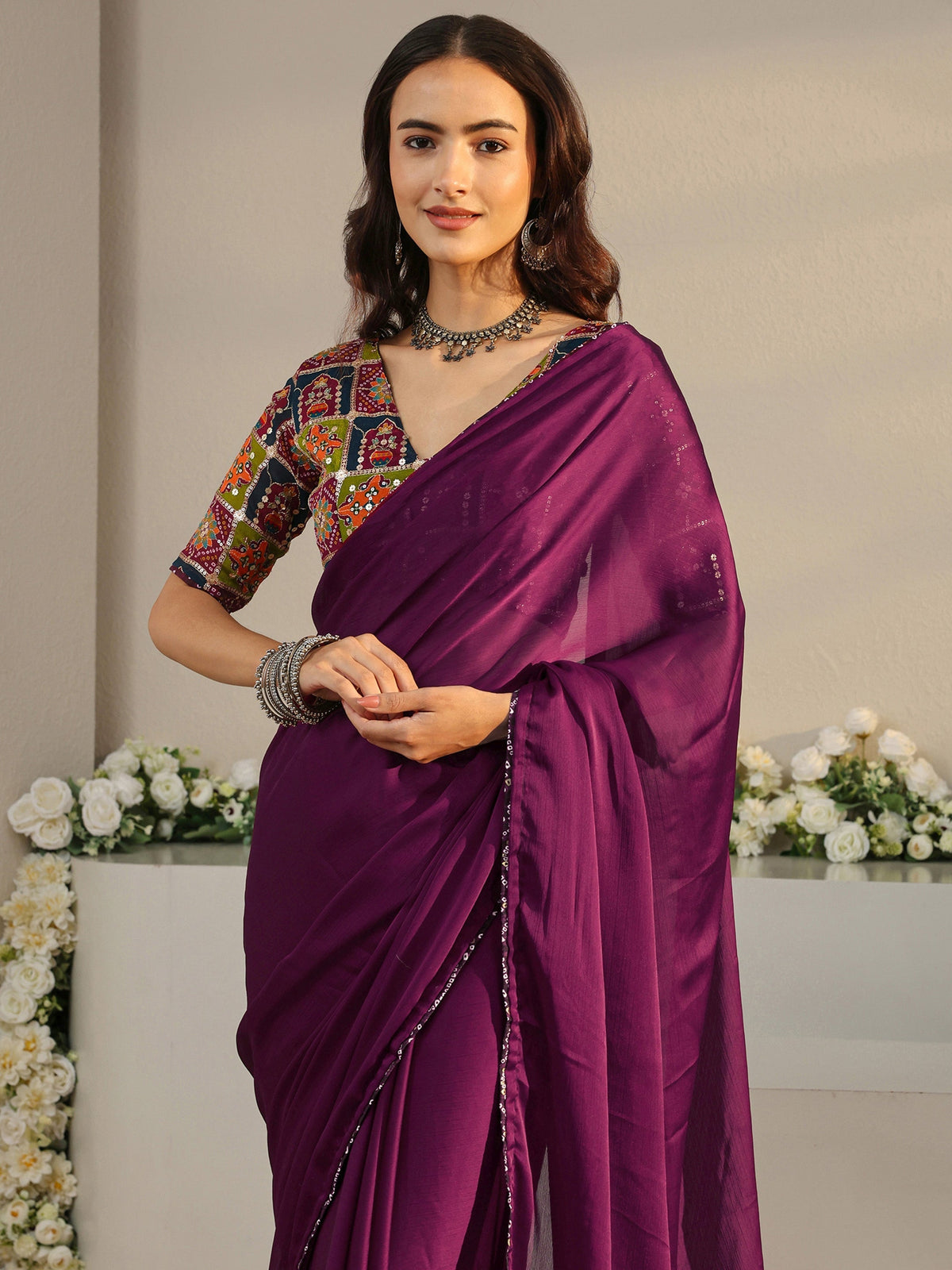 Anouk Burgundy Solid Chiffon Saree With Unstitched Blouse Piece