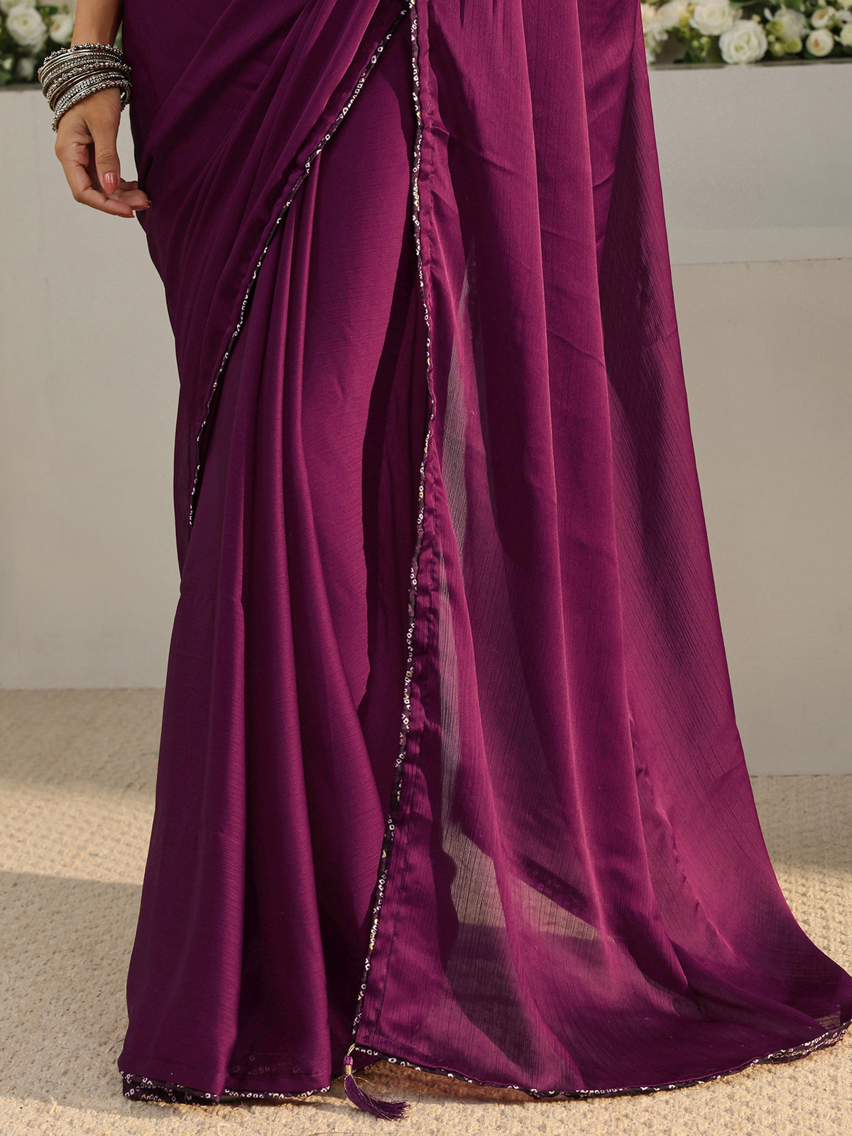 Anouk Burgundy Solid Chiffon Saree With Unstitched Blouse Piece