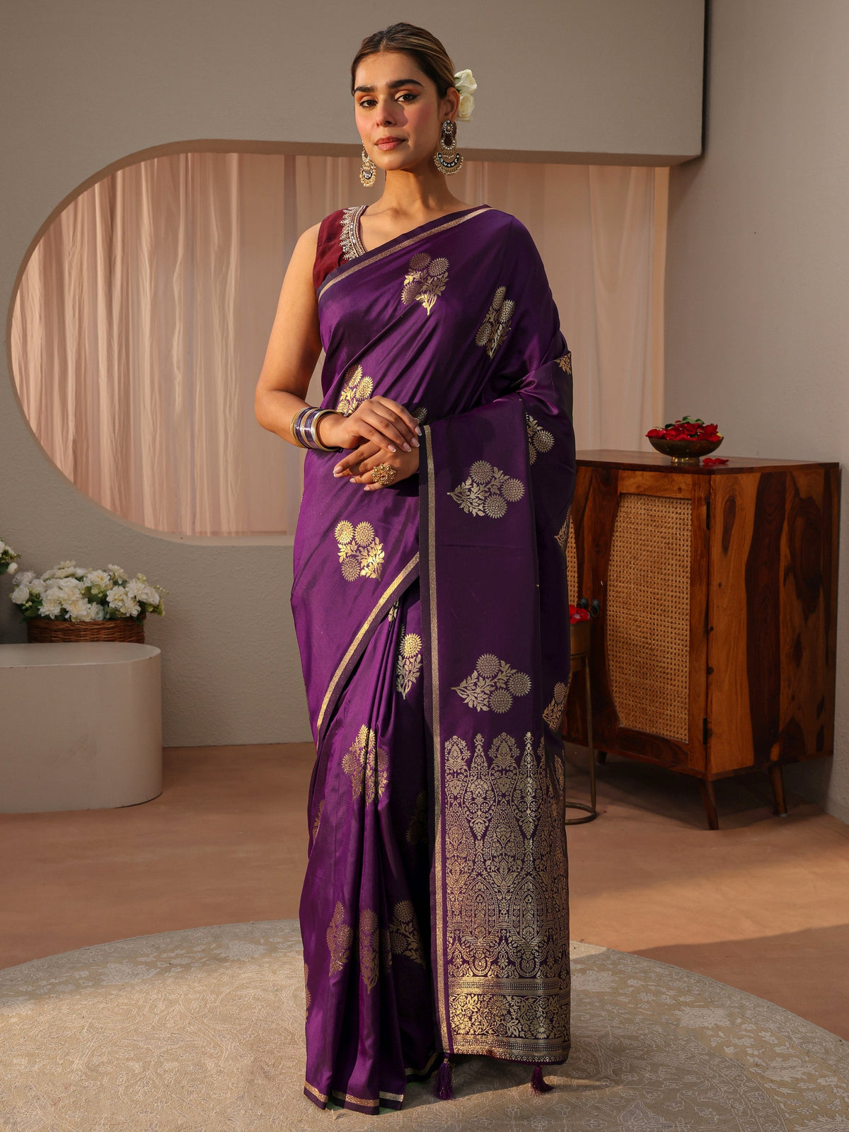 Anouk Purple Floral Woven Design Silk blend Sarees with an unstitched Blouse Piece