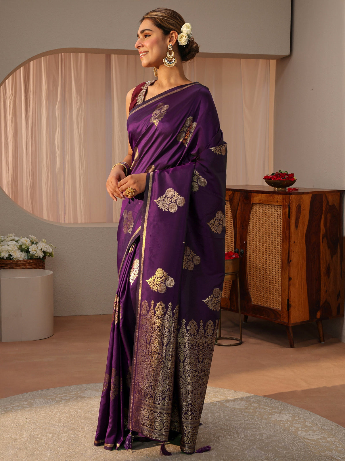 Anouk Purple Floral Woven Design Silk blend Sarees with an unstitched Blouse Piece