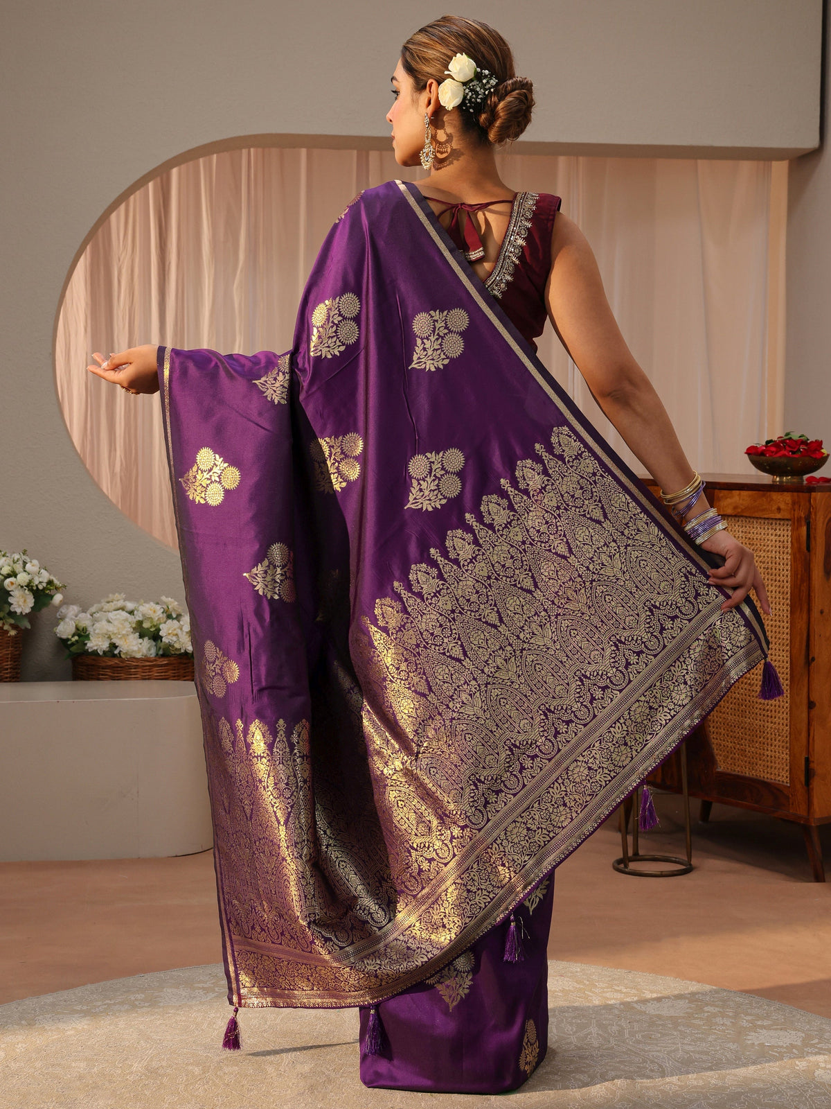 Anouk Purple Floral Woven Design Silk blend Sarees with an unstitched Blouse Piece