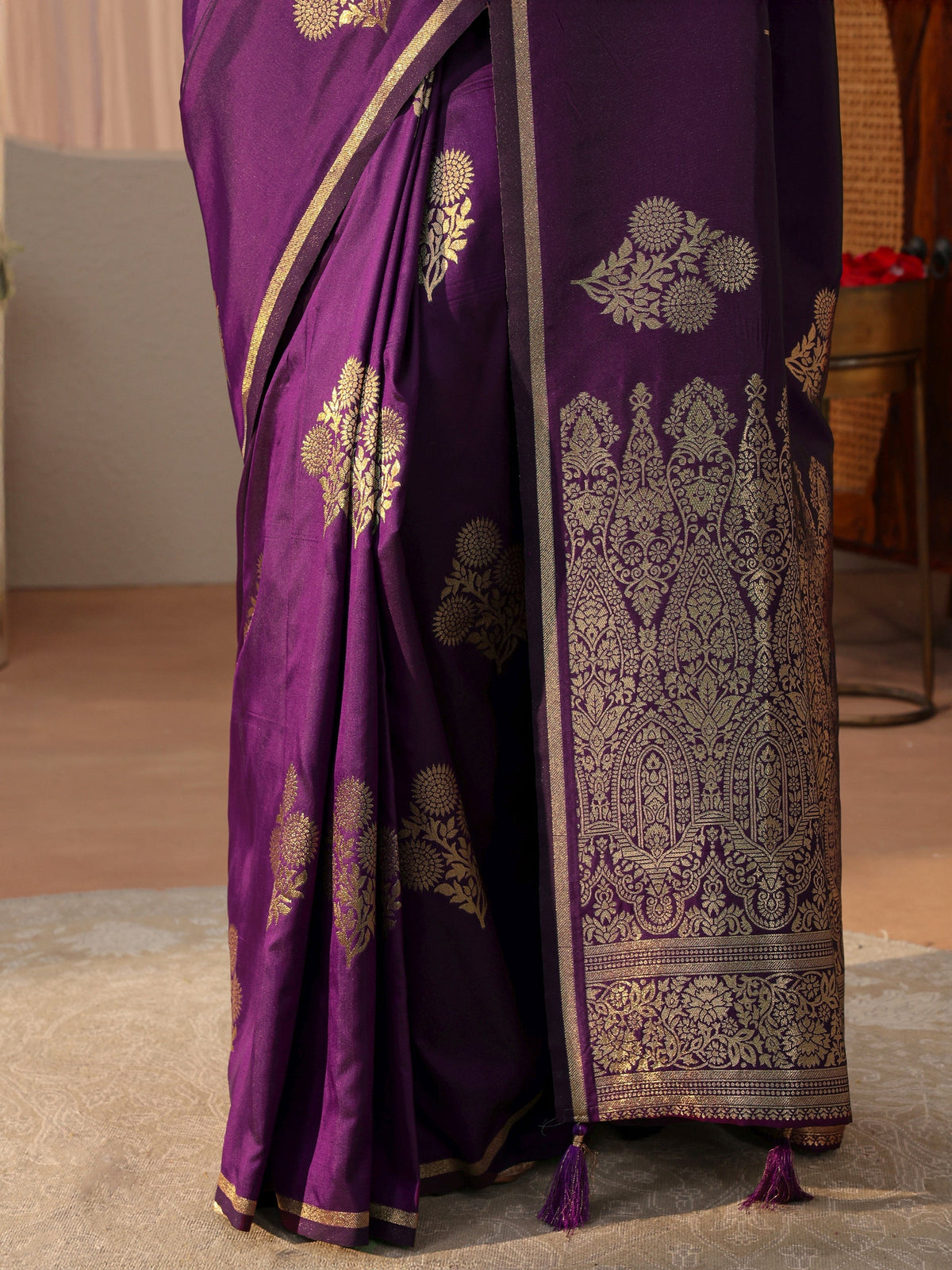Anouk Purple Floral Woven Design Silk blend Sarees with an unstitched Blouse Piece