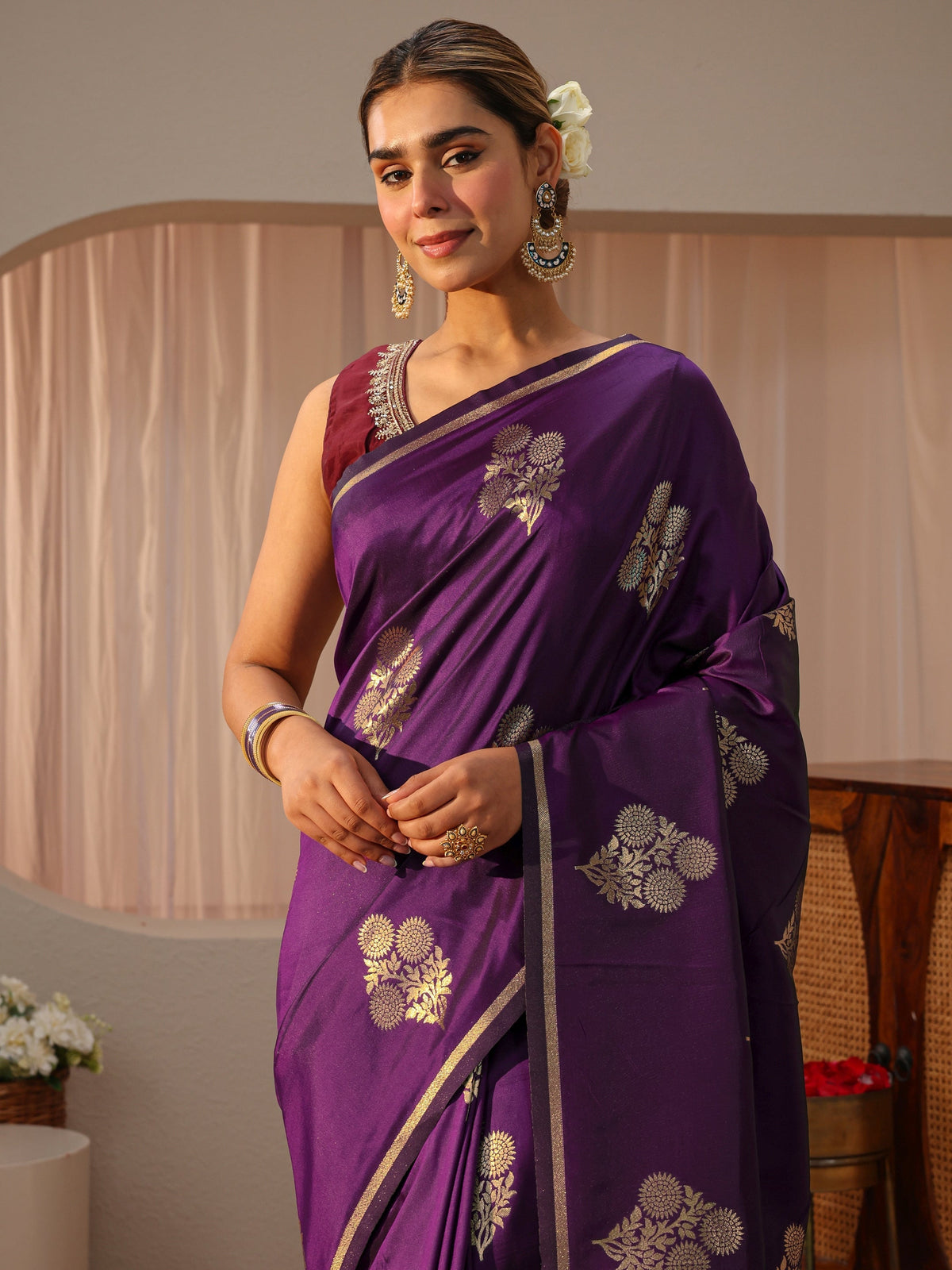 Anouk Purple Floral Woven Design Silk blend Sarees with an unstitched Blouse Piece
