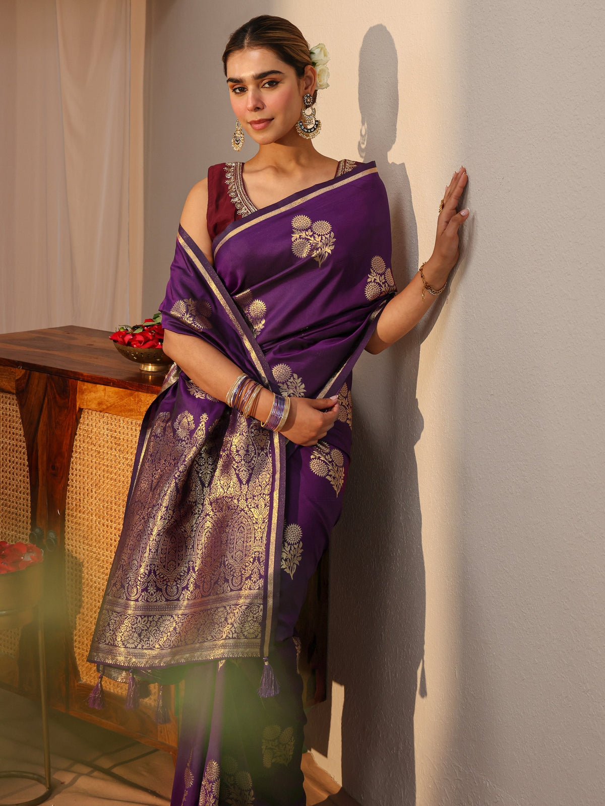 Anouk Purple Floral Woven Design Silk blend Sarees with an unstitched Blouse Piece