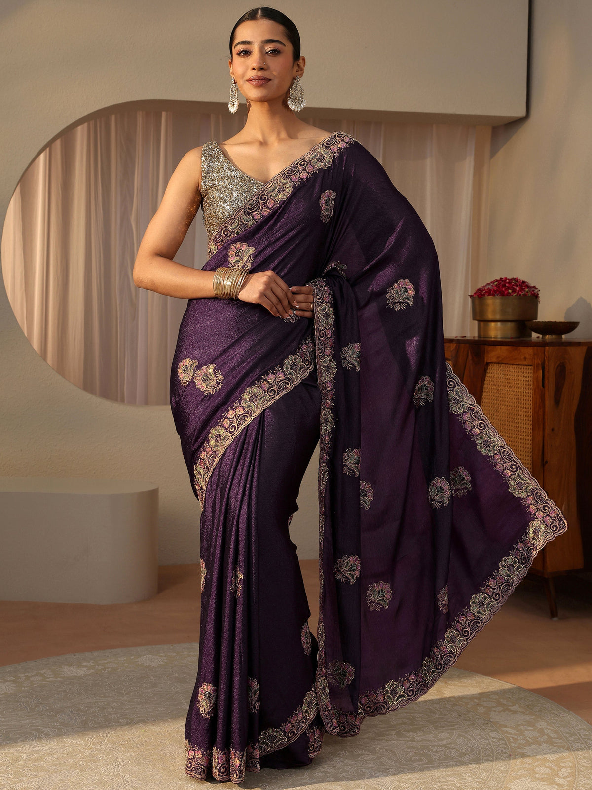 Anouk Purple Floral Embroidered Glossy Chiffon Saree